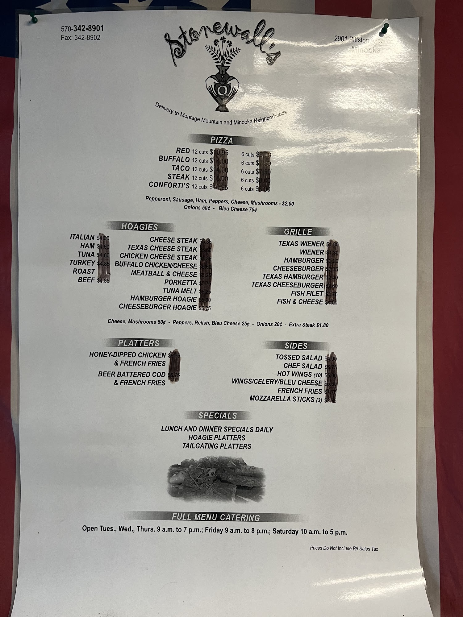 Stonewalls Pizza Menu