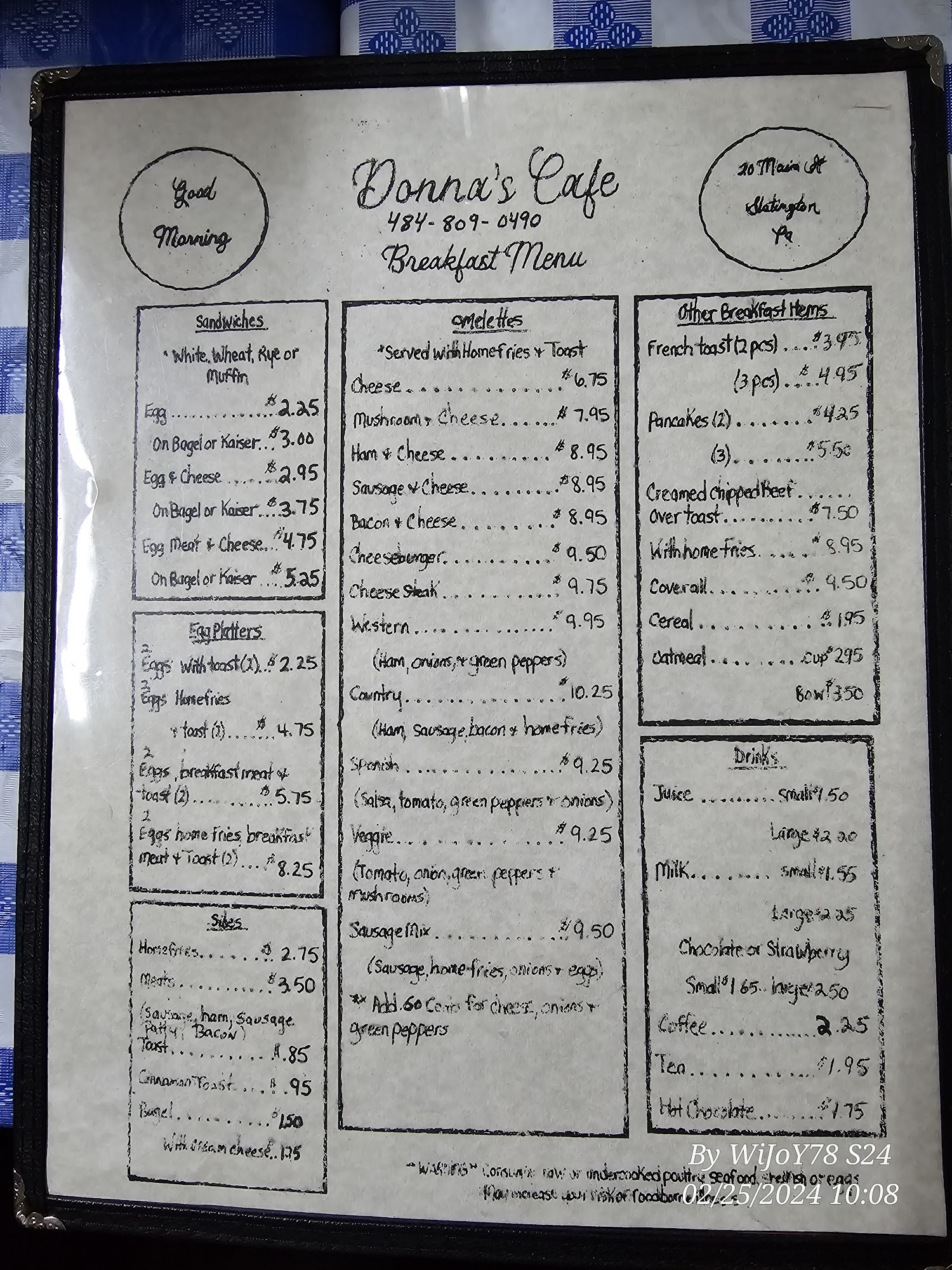 Donna's Cafe Menu