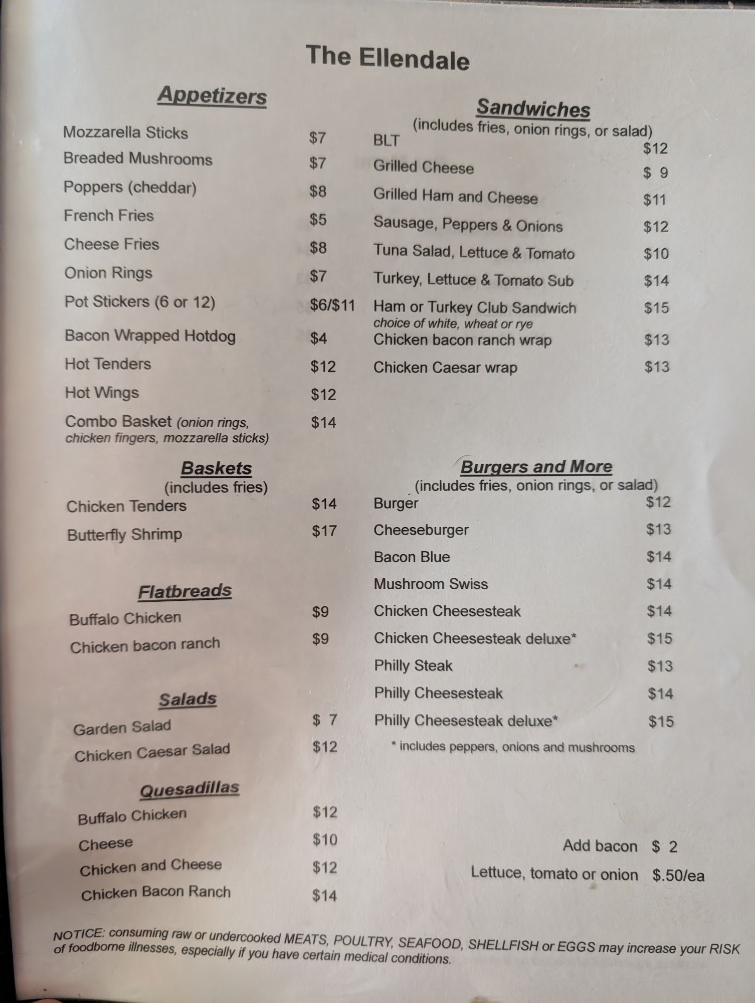 Ellendale Rest Menu
