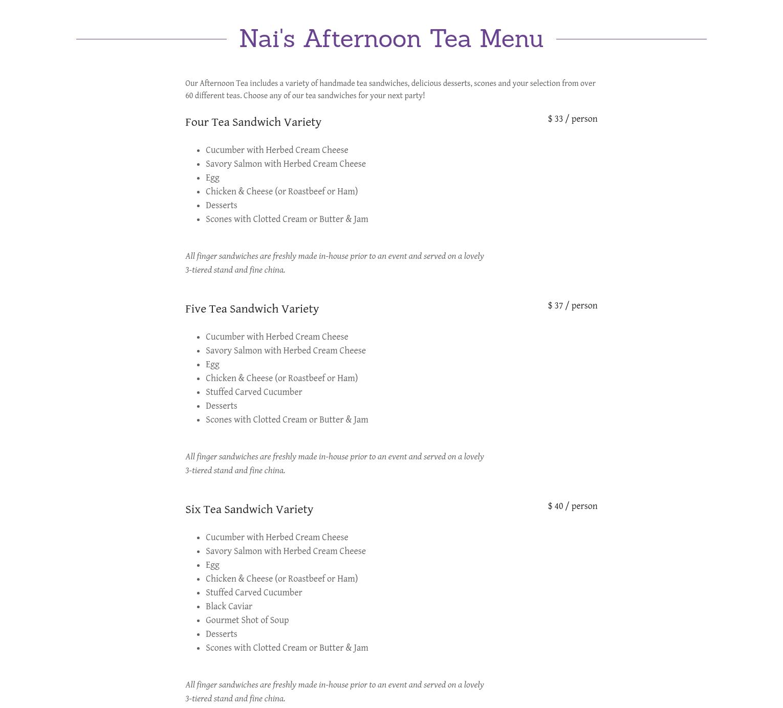 Nai's Tea, Coffee & Collectibles Menu