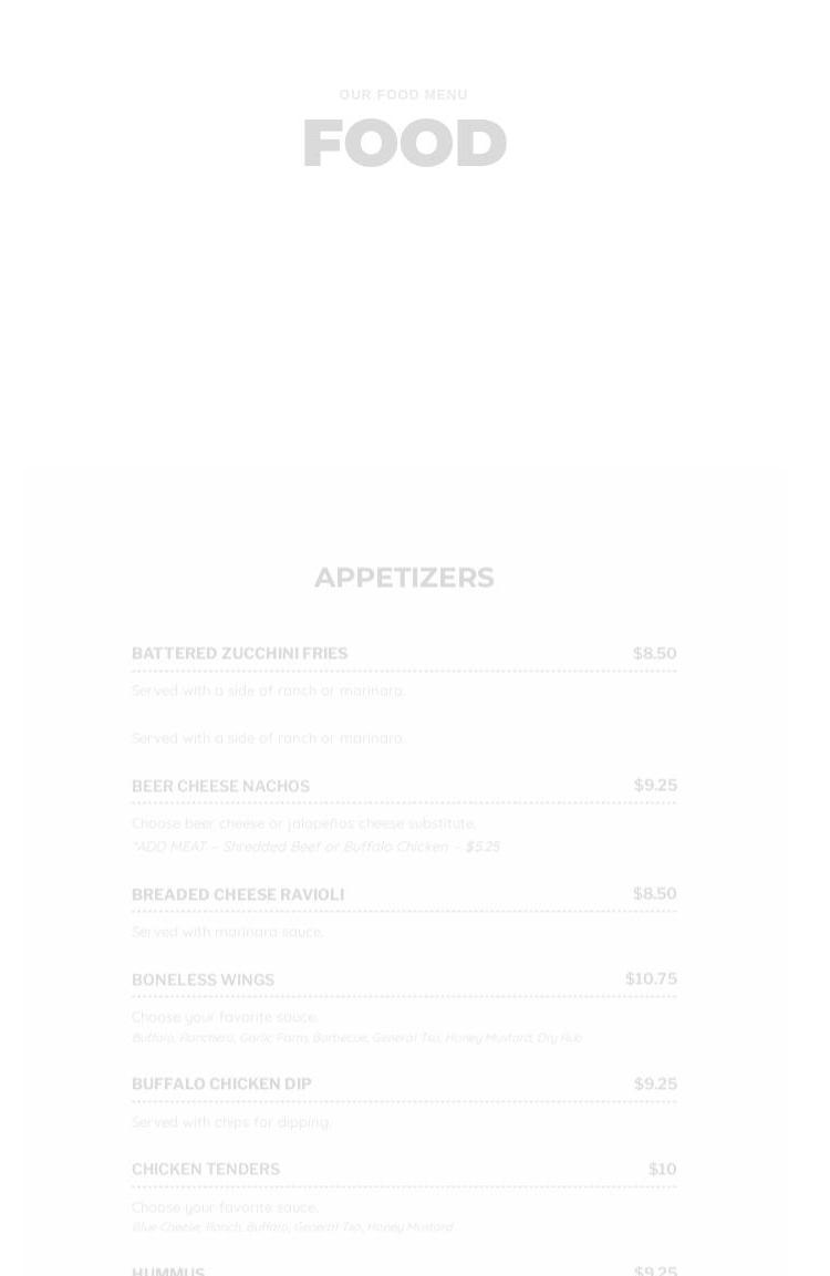 9Yards Golf Lounge Menu