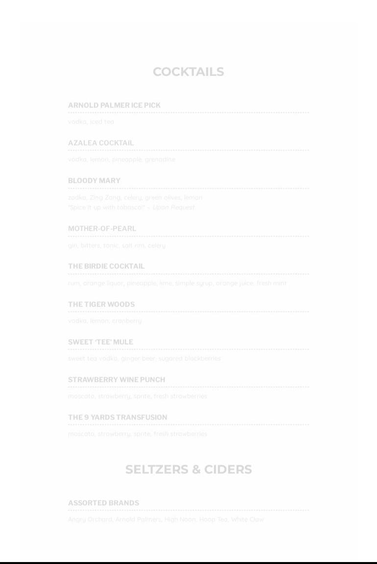 9Yards Golf Lounge Menu