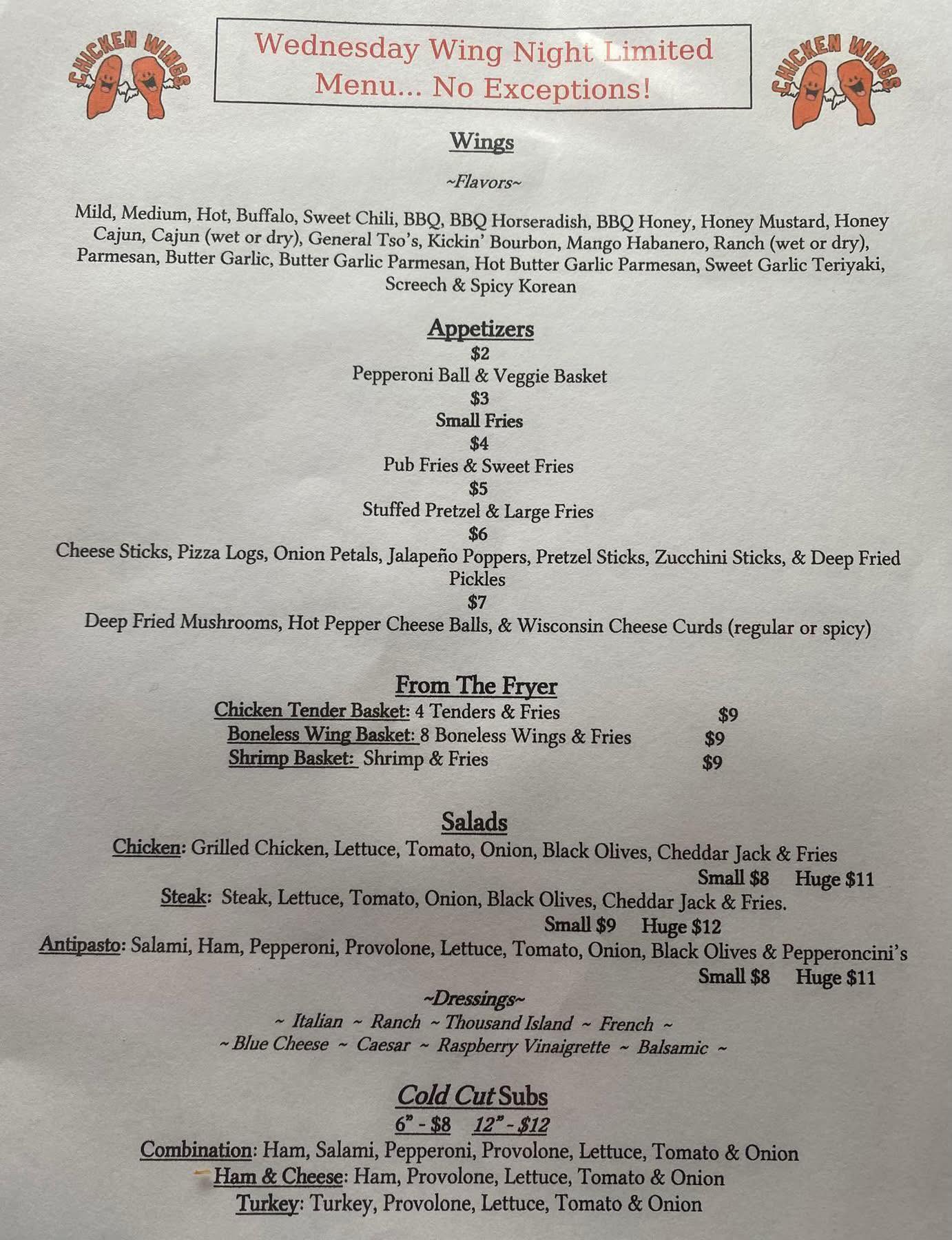 Fraternal Order of the Eagles Menu