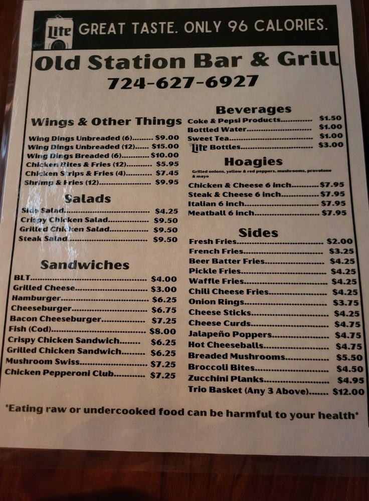 Old station Bar and Grill Menu