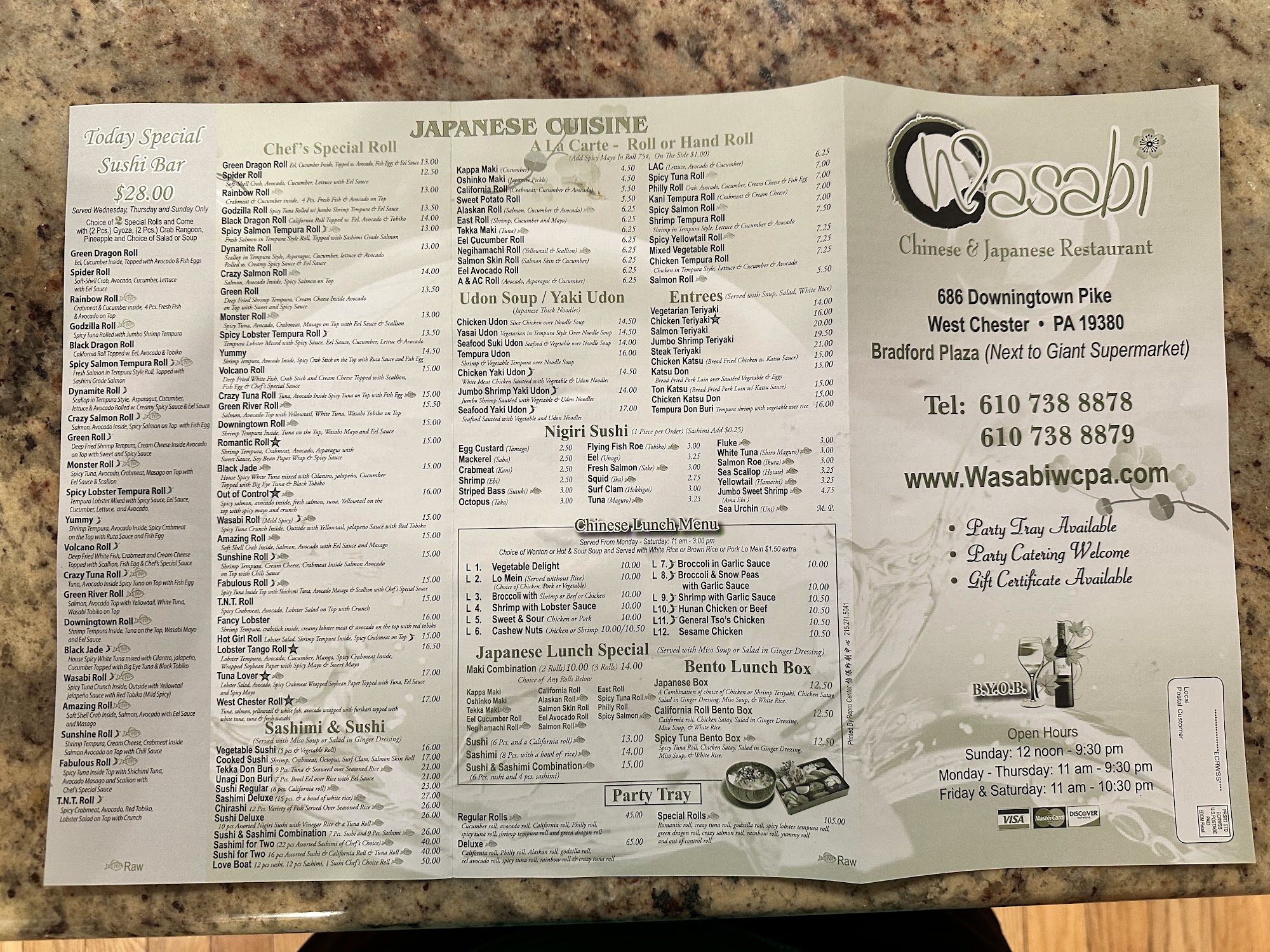 WASABI CHINESE & JAPANESE RESTAURANT Menu