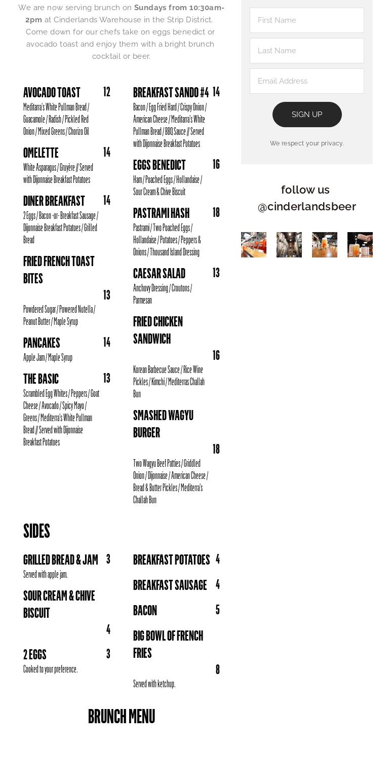 Cinderlands Taproom - Wexford Menu