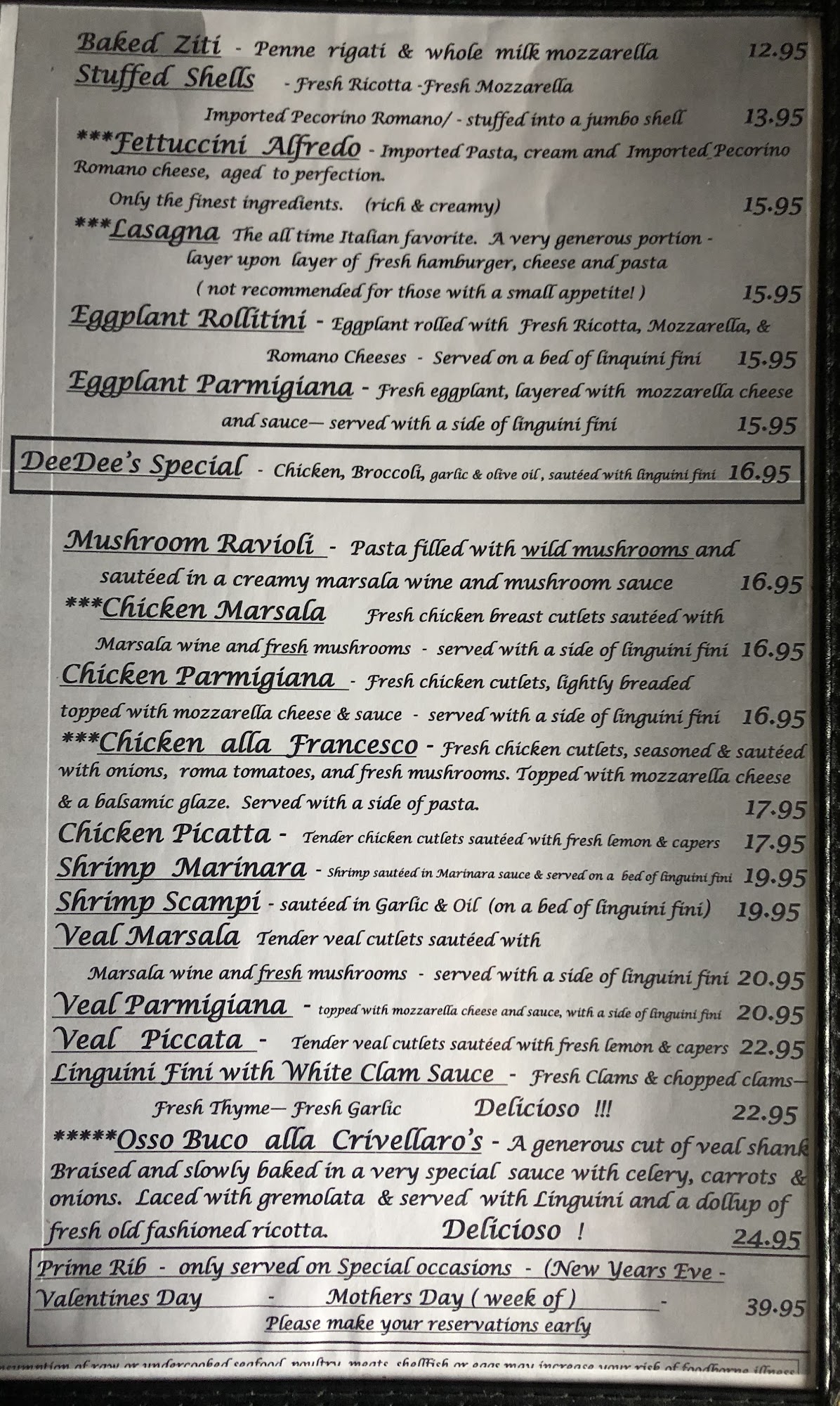 Crivellaro's Ristorante Menu