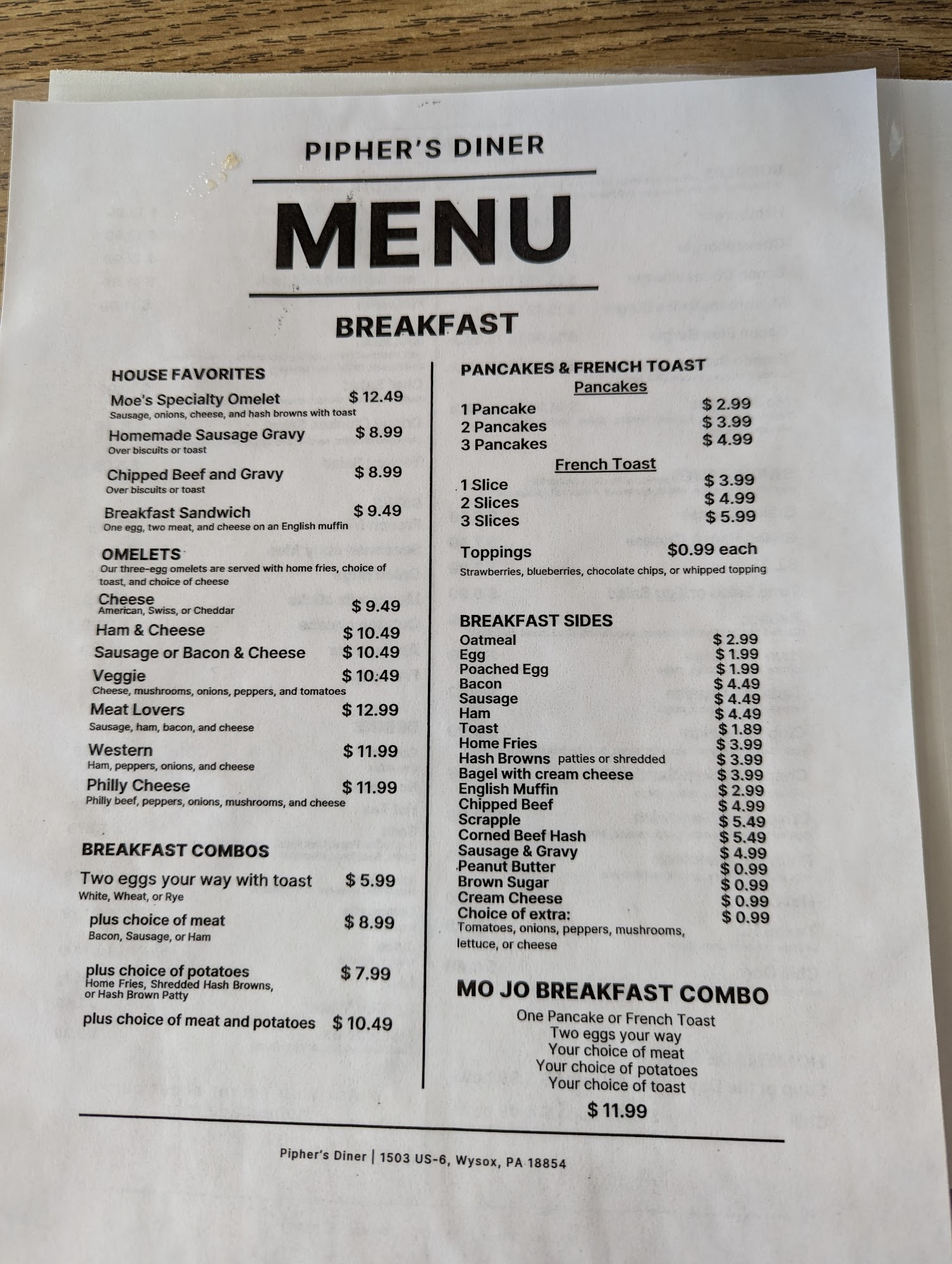 Pipher's Diner Menu
