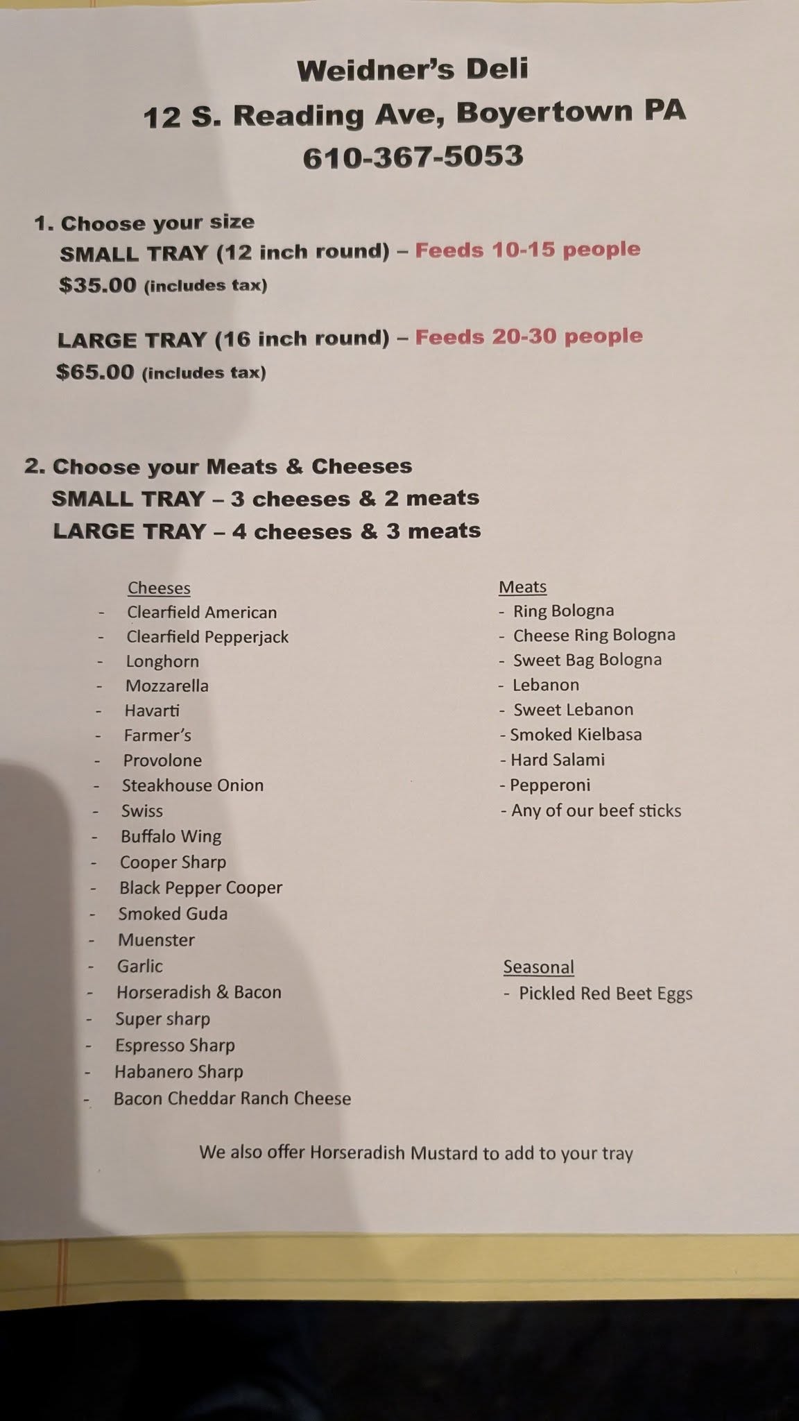 Weidner's Deli Menu