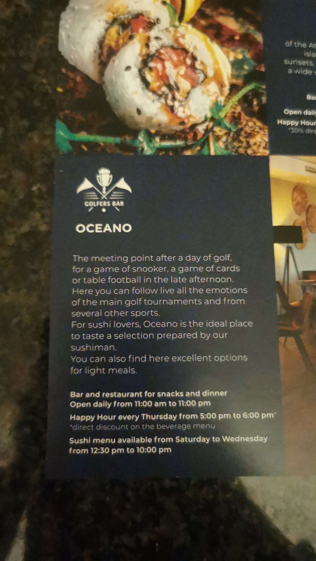 Oceano Golfers Bar Menu