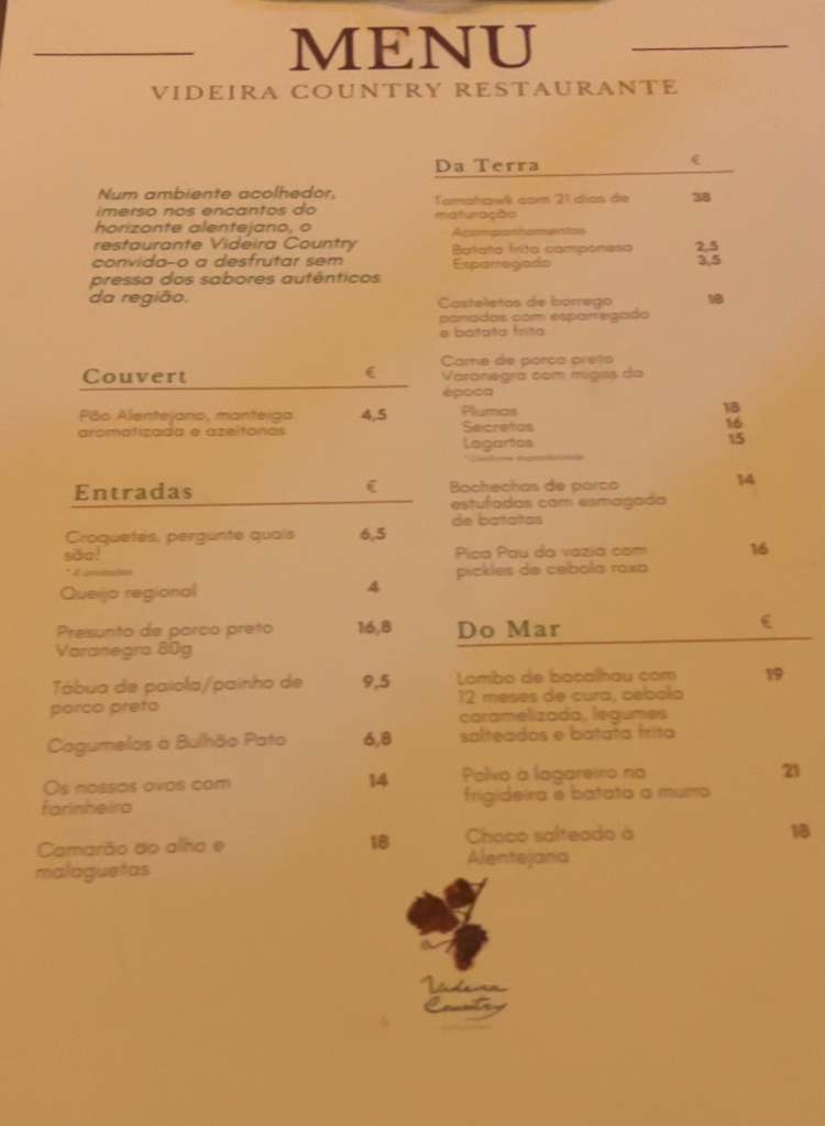 Videira Country Menu
