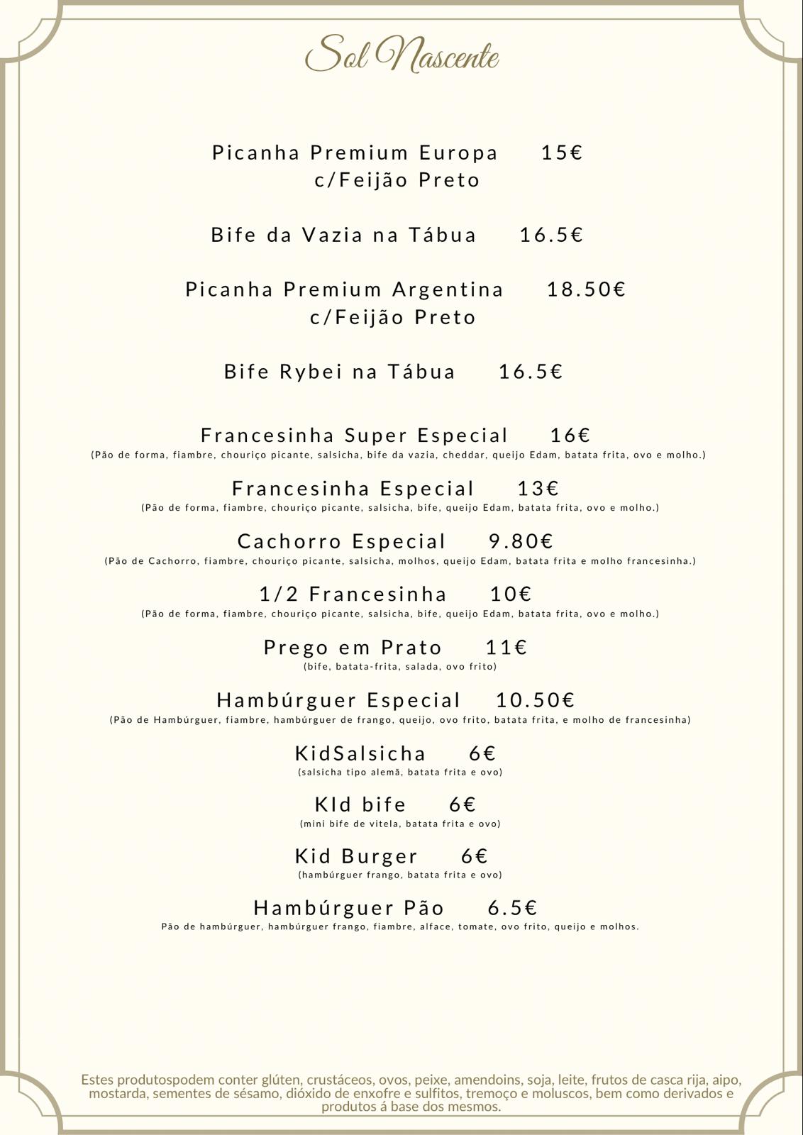 Pizzaria Sol Nascente Menu