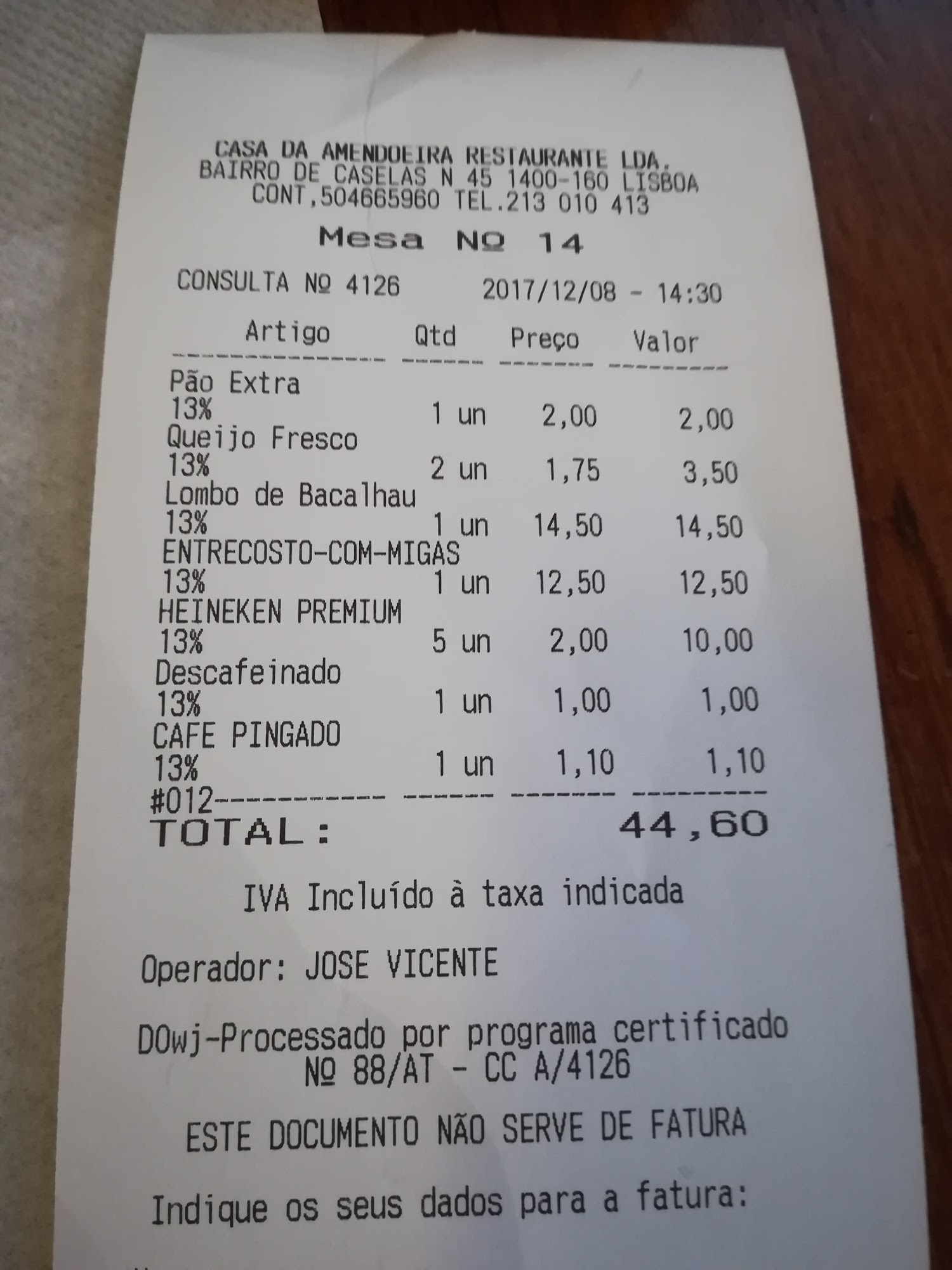 Casa da Amendoeira Menu