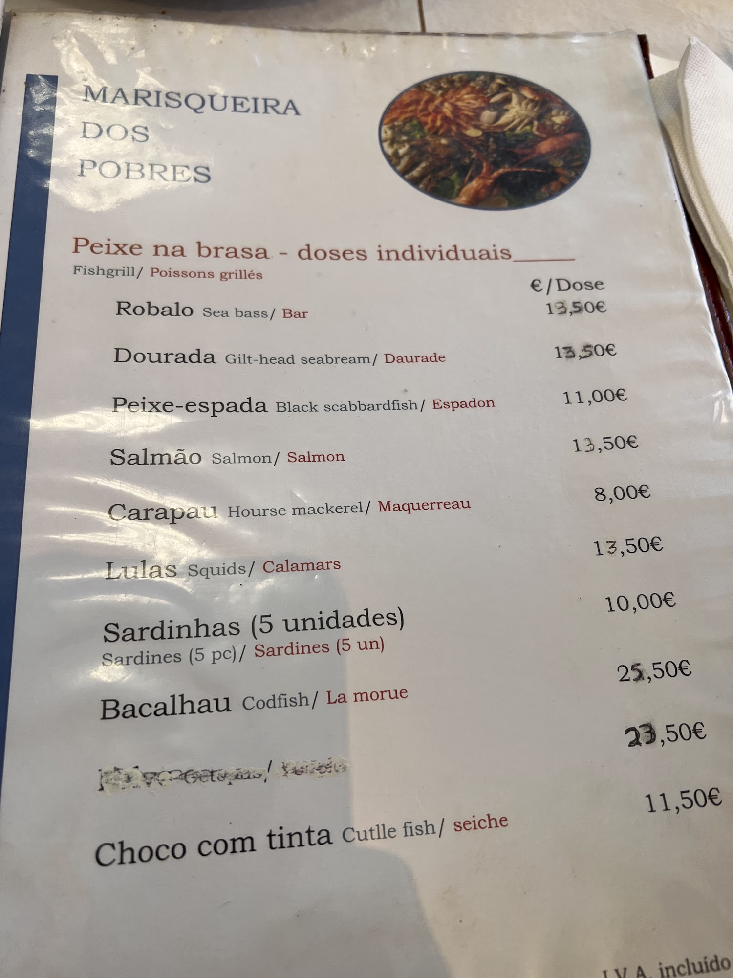 Marisqueira dos Pobres Menu
