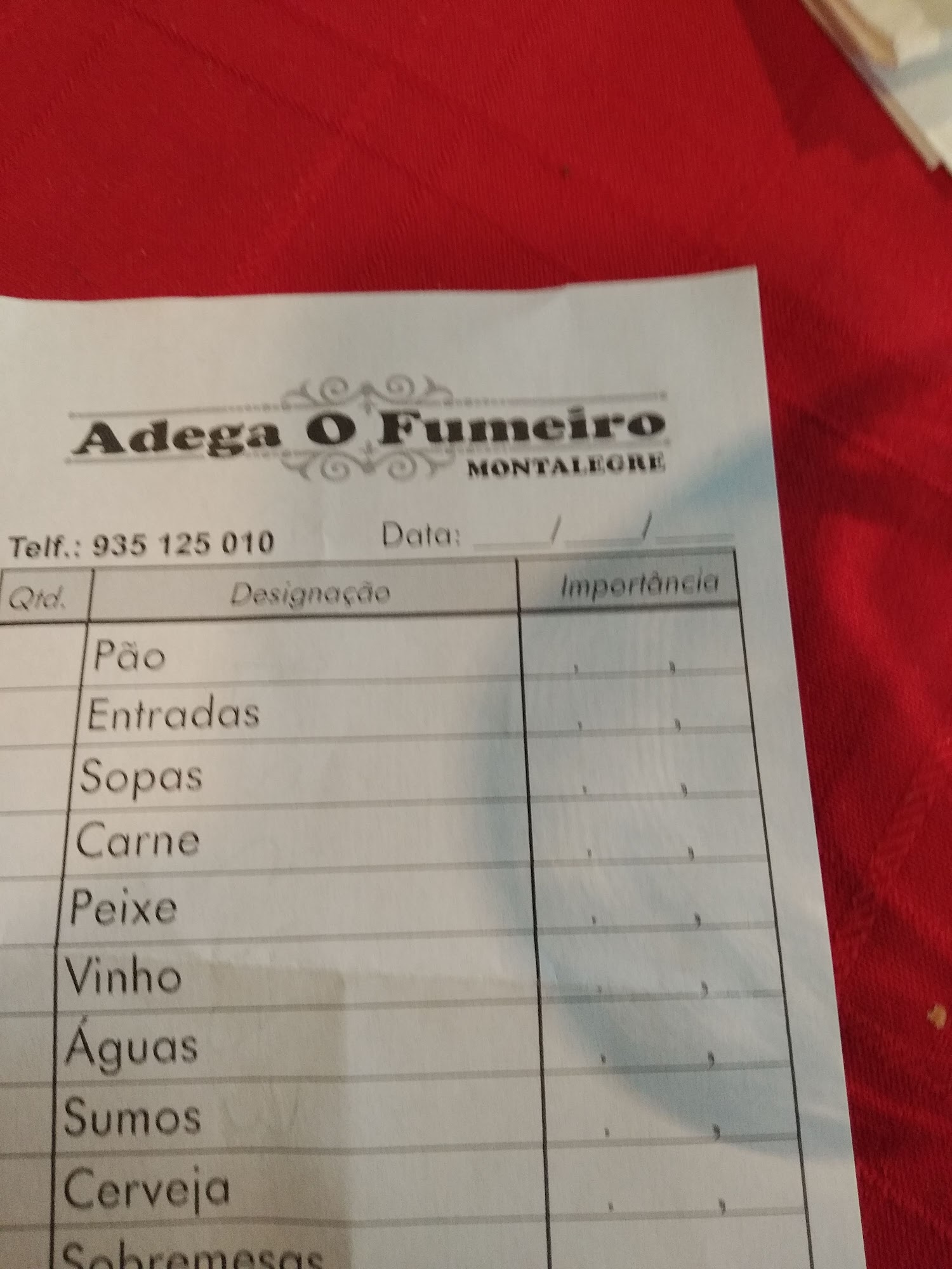 Adega O Fumeiro Menu