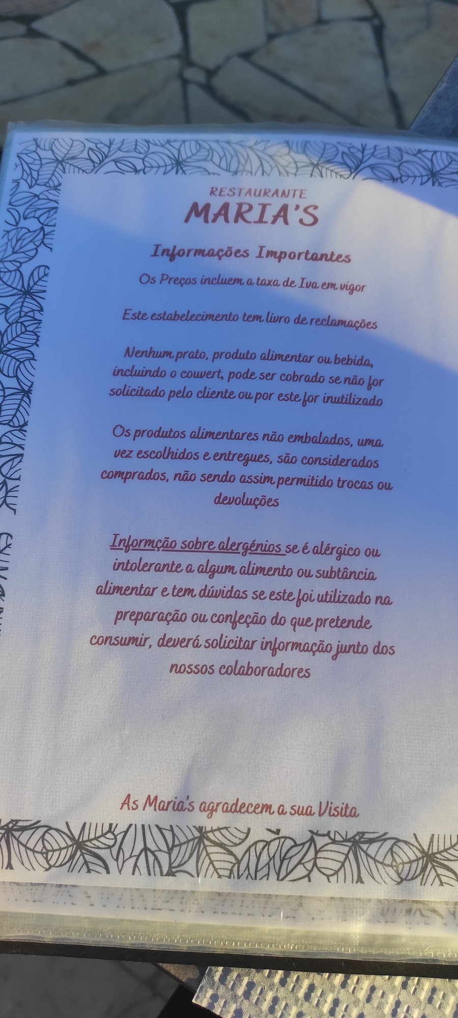 Restaurante maria's Menu