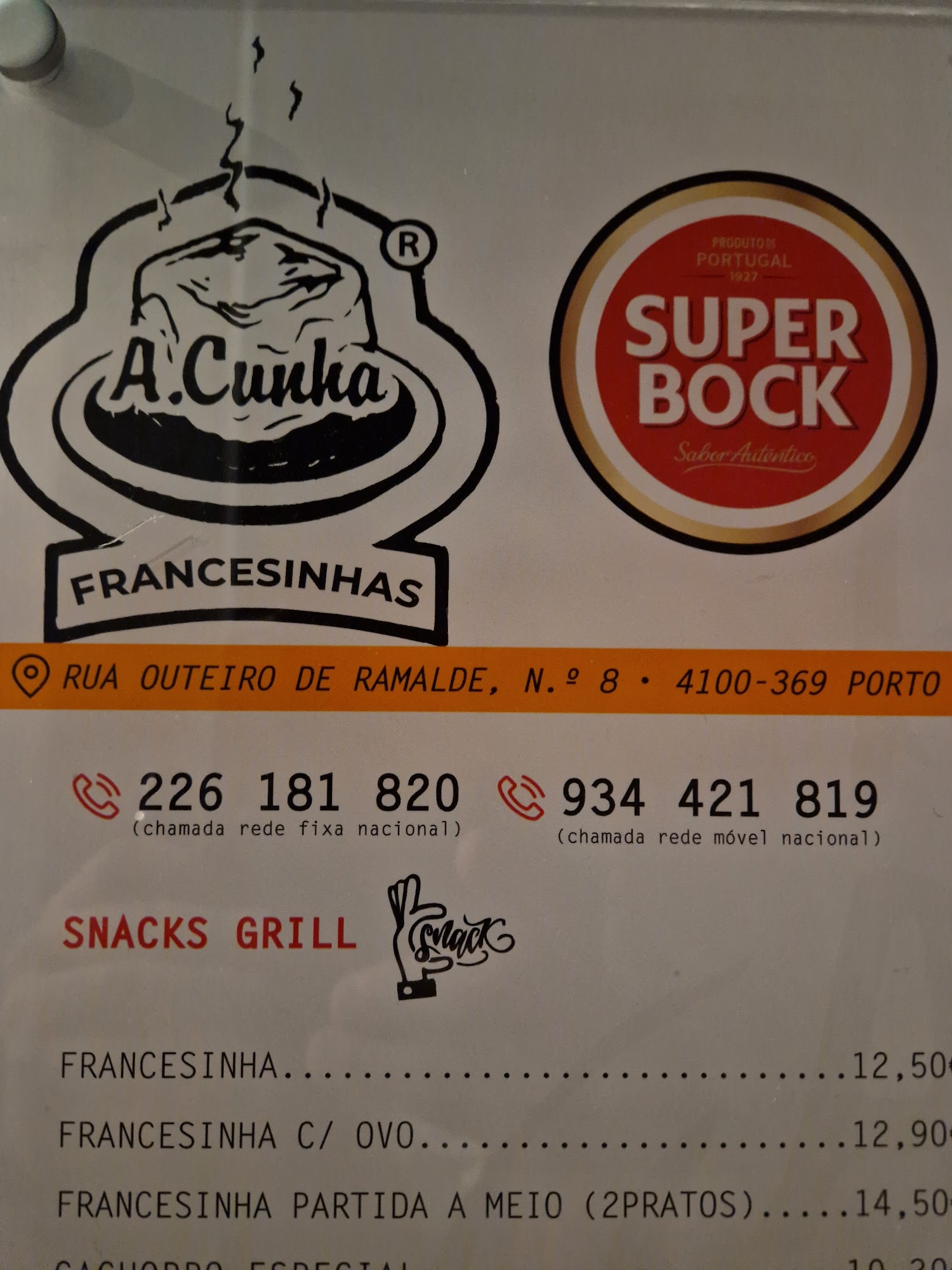 A. Cunha Francesinhas Menu