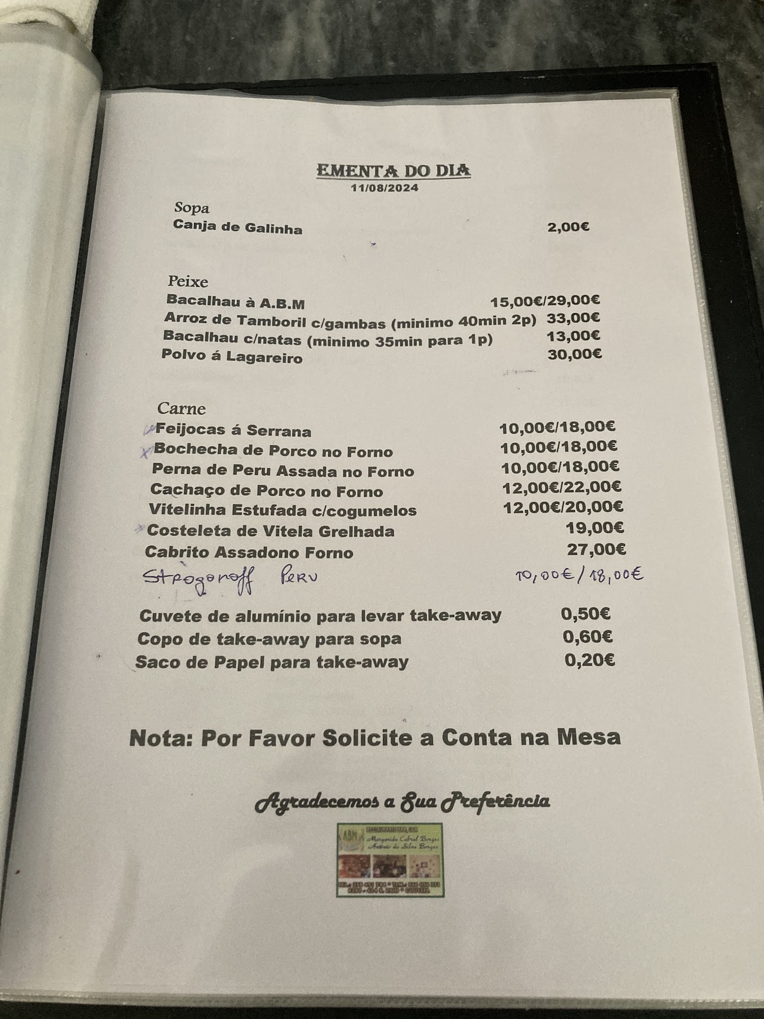 A B M Restaurante Bar Lda Menu