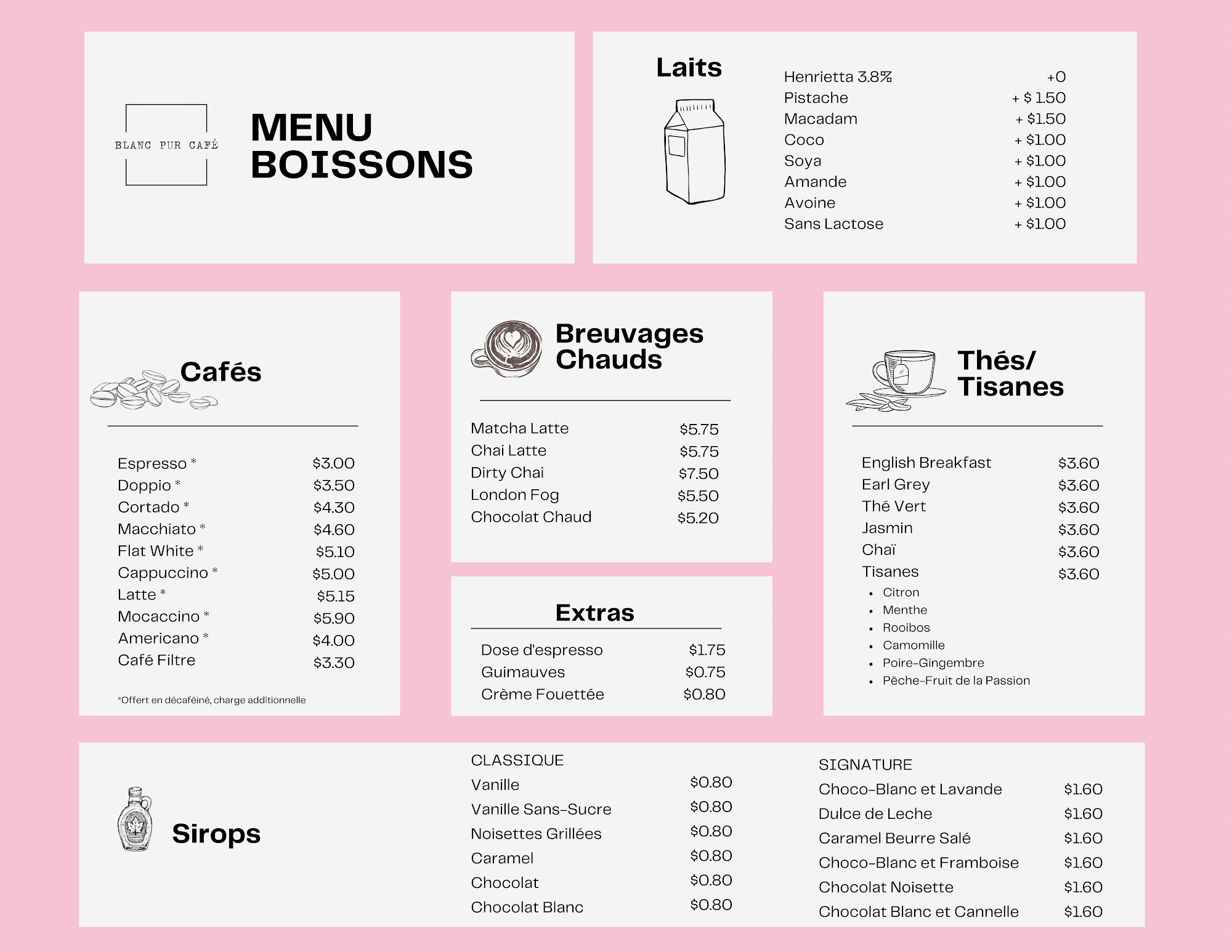 Blanc Pur Café Menu