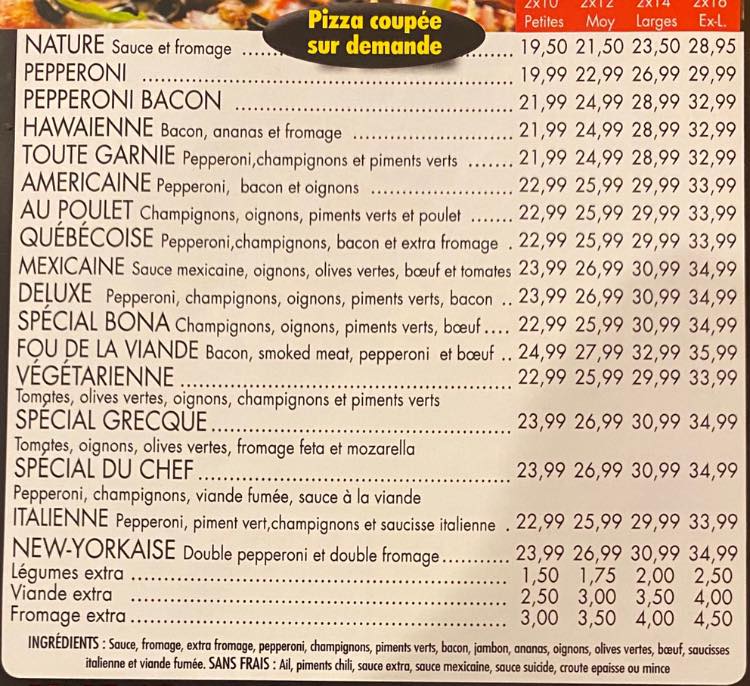 Bona Pizza Menu