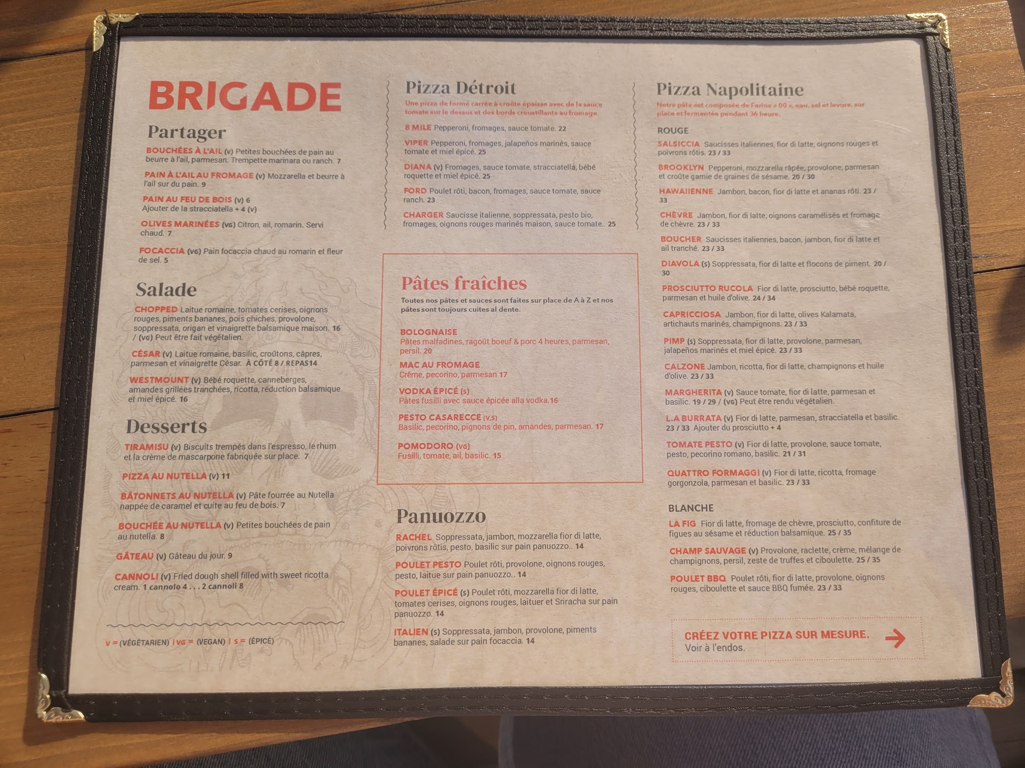 Brigade pizzeria Boucherville Menu