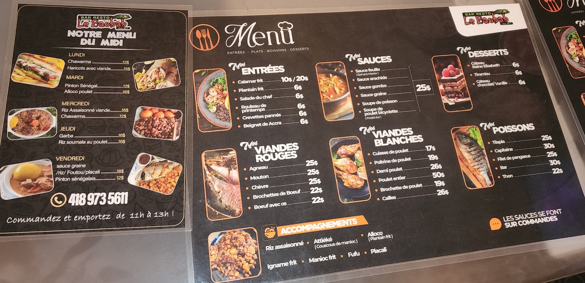 Bar restaurant le Baobab Menu