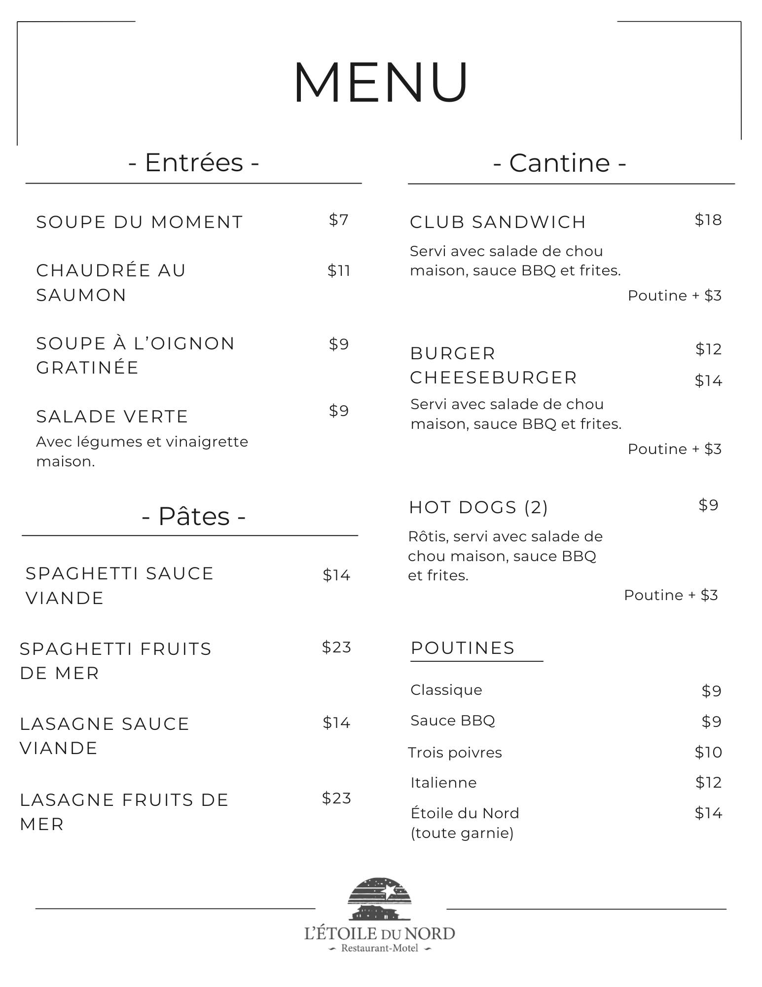 Étoile Du Nord Menu