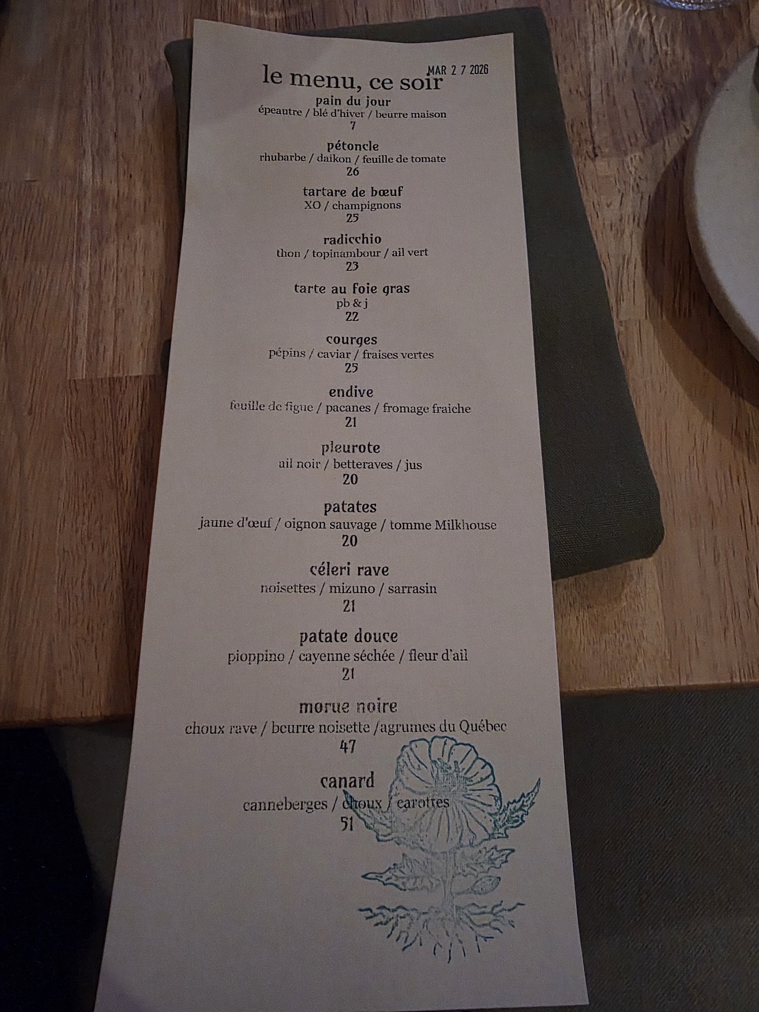 La Petite Primerose Menu