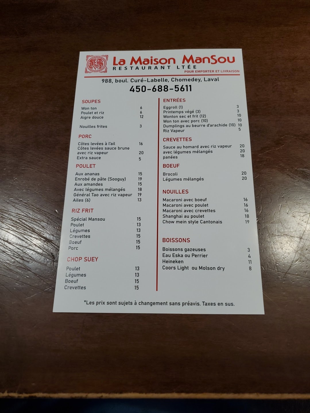 Maison Mansou Menu