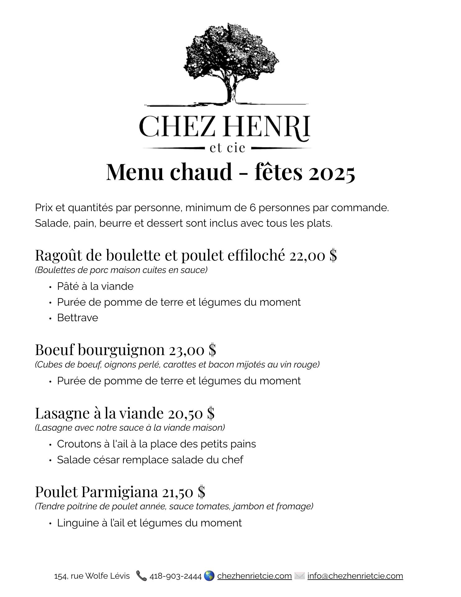 Chez Henri et cie Menu