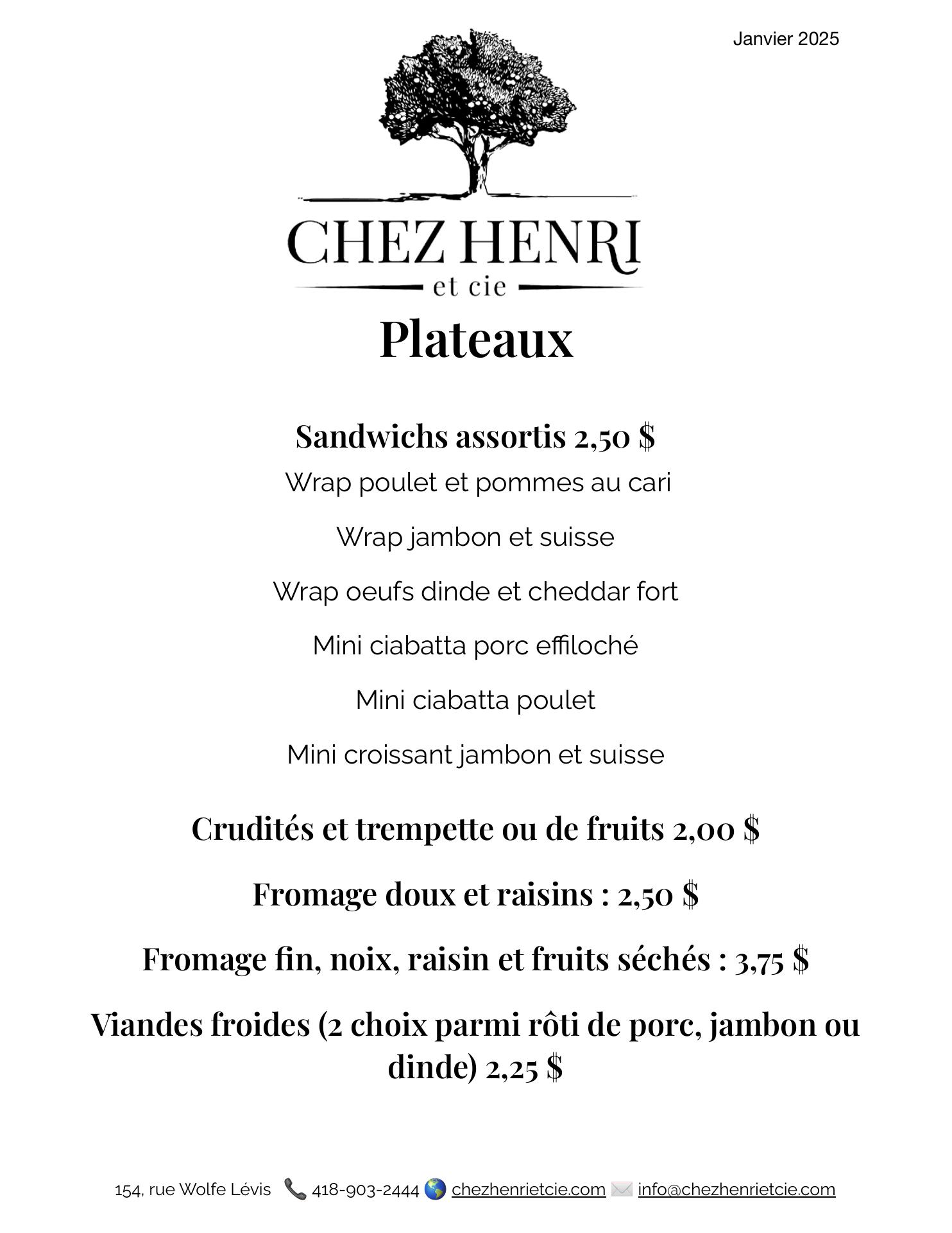 Chez Henri et cie Menu