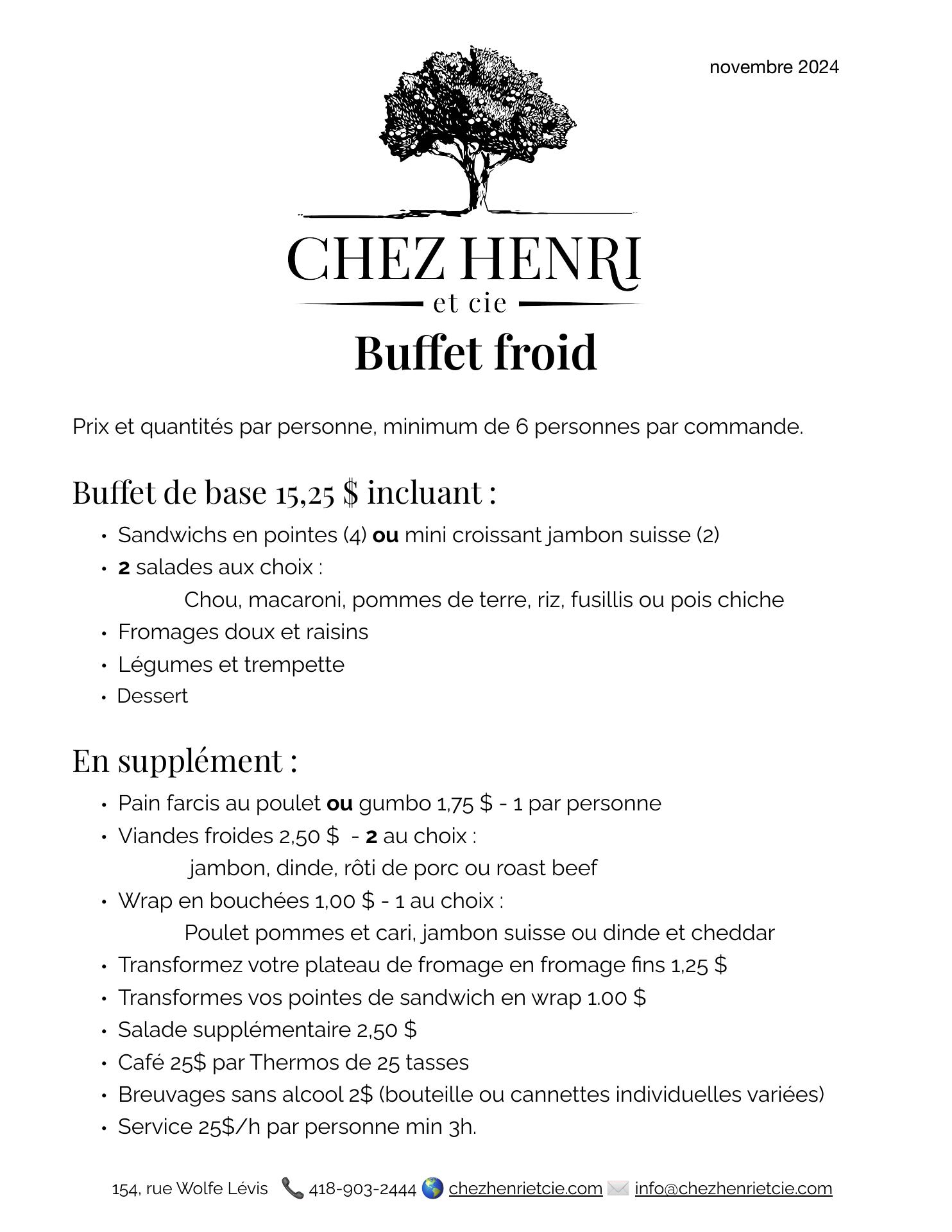 Chez Henri et cie Menu