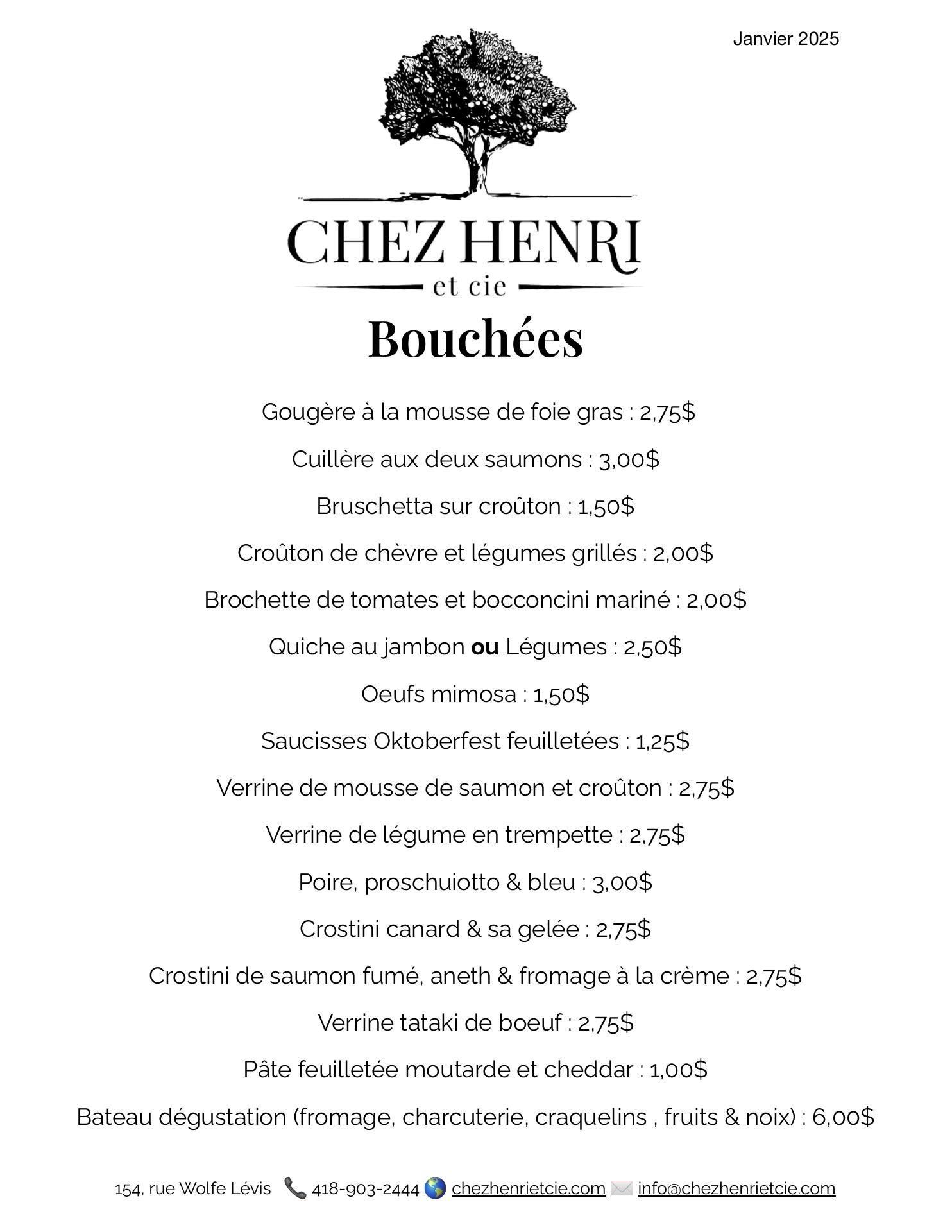 Chez Henri et cie Menu