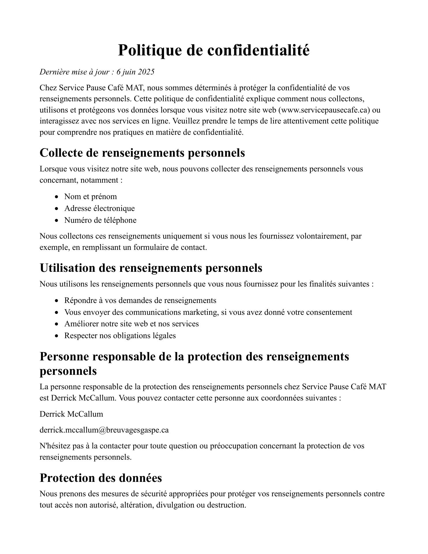 Service Pause Café Mat inc. Menu