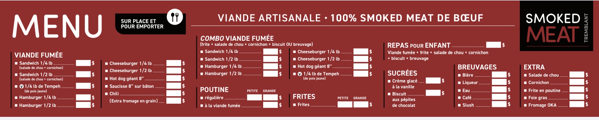La Roulotte Smoked Meat Mont-Tremblant Menu