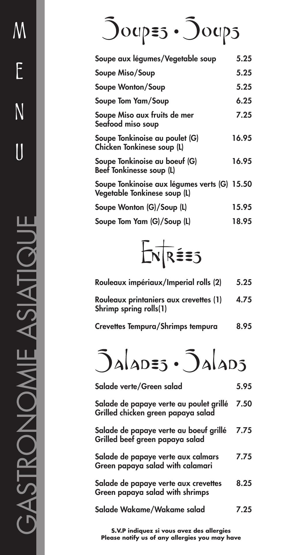 Les Bridés Menu