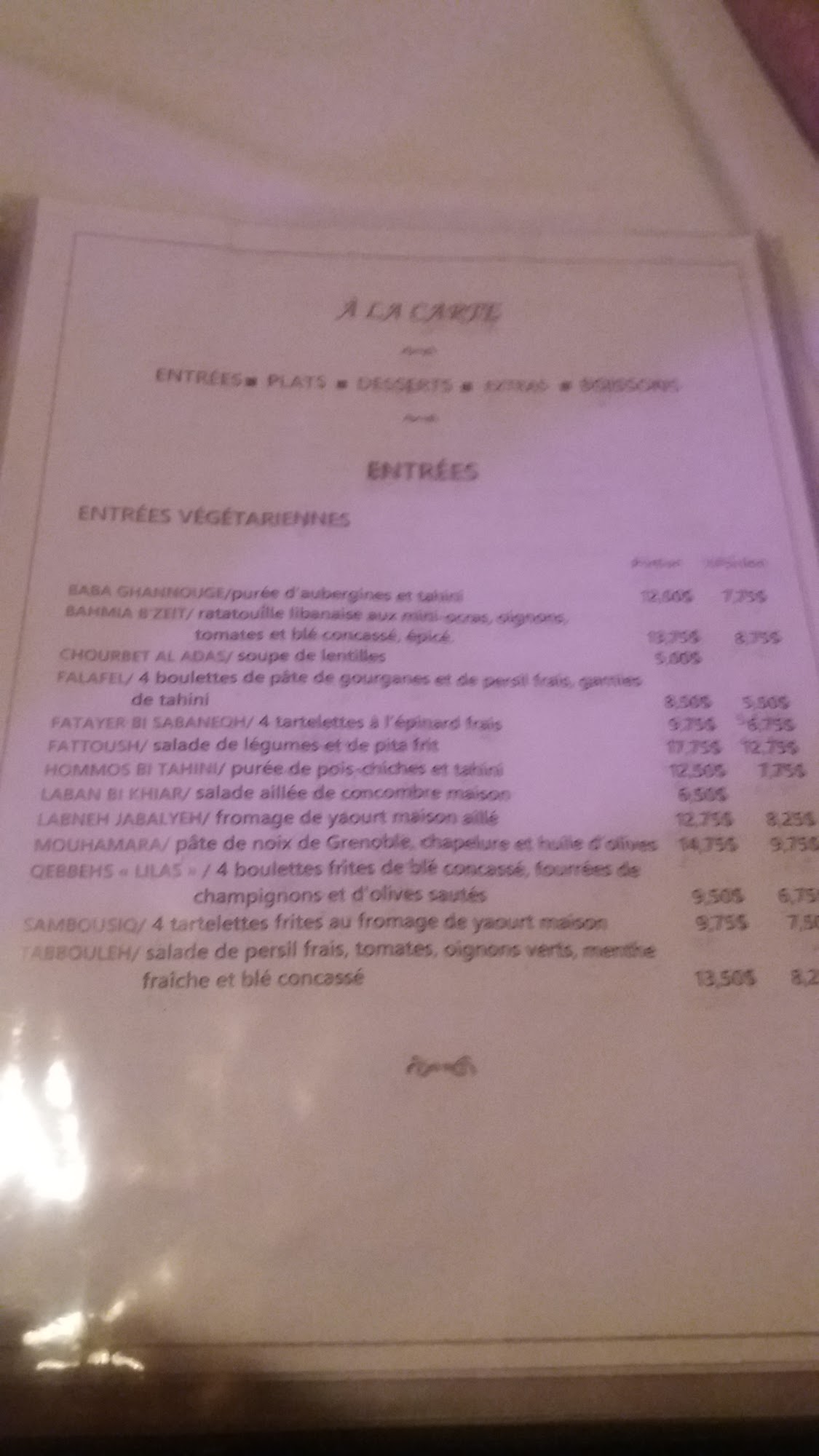 Aux Lilas Menu