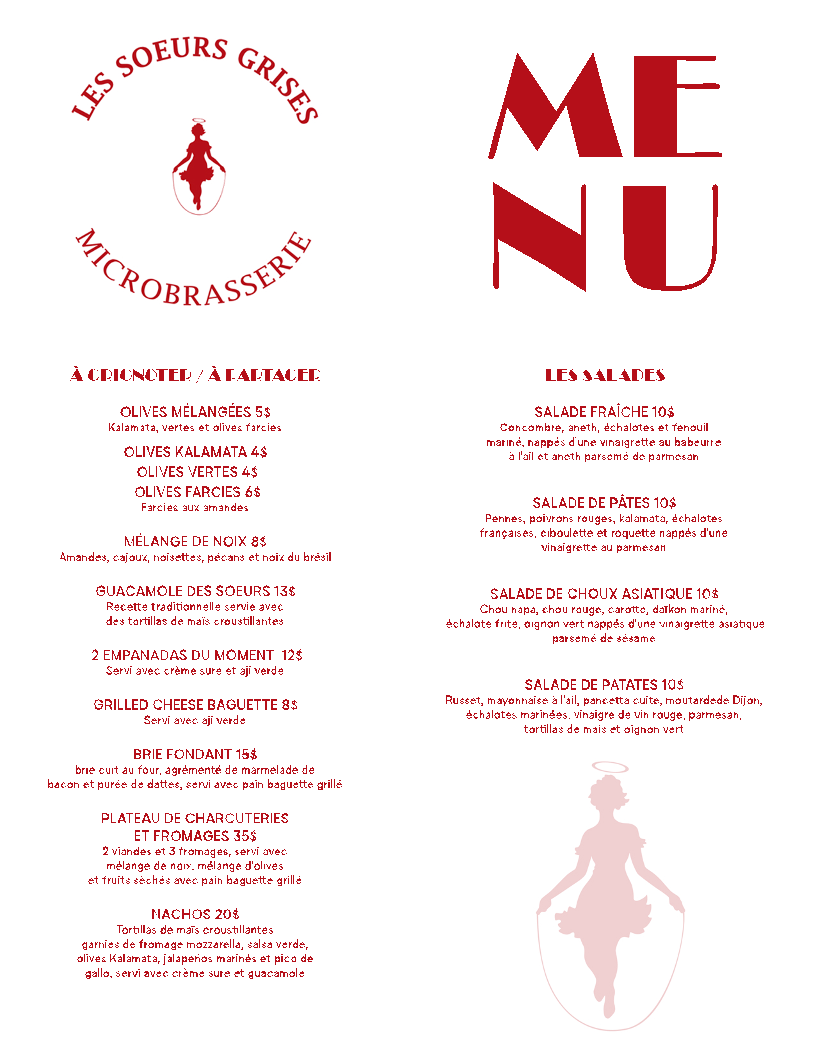 Brasserie Les Soeurs Grises Vieux-Rosemont Menu