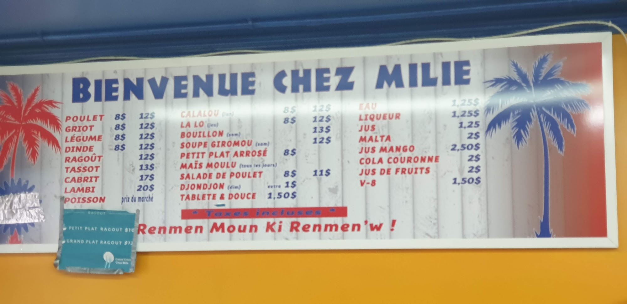 Chez Milie Casse-Croûte Menu