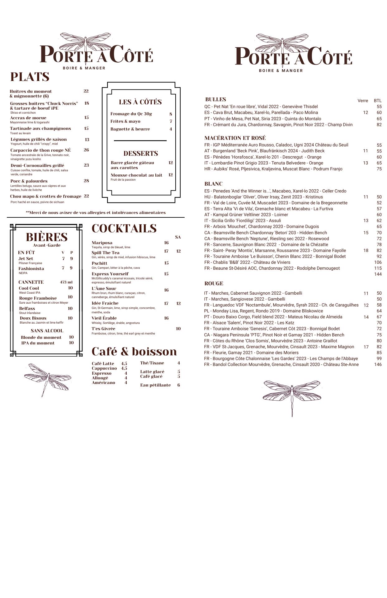 Porte à Côté - Boire & Manger Menu