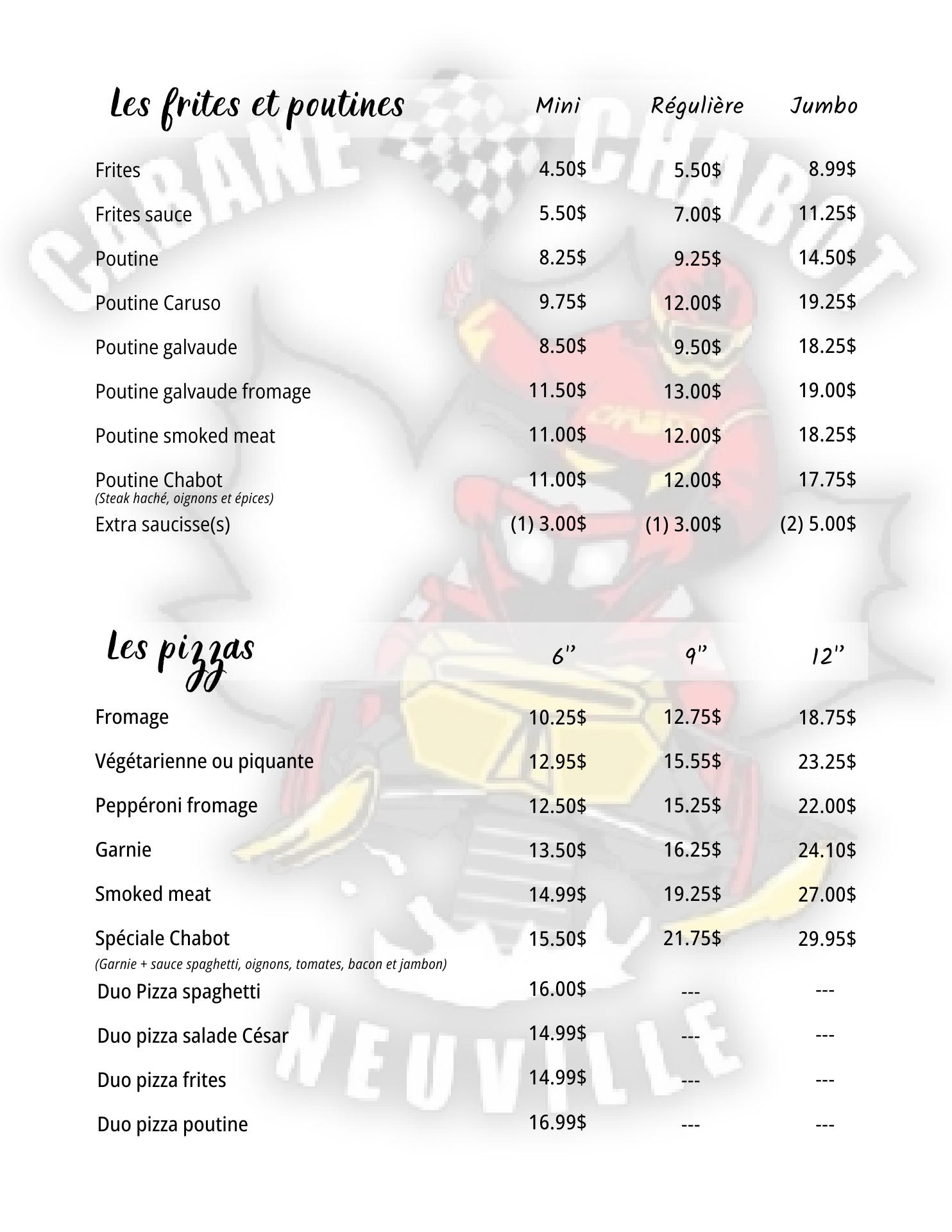 Cabane à Sucre Chabot Enr Menu