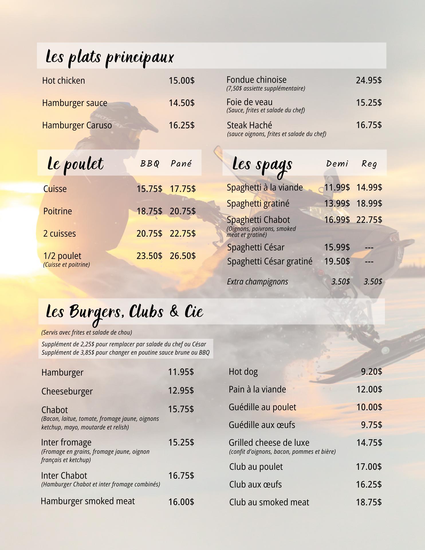 Cabane à Sucre Chabot Enr Menu