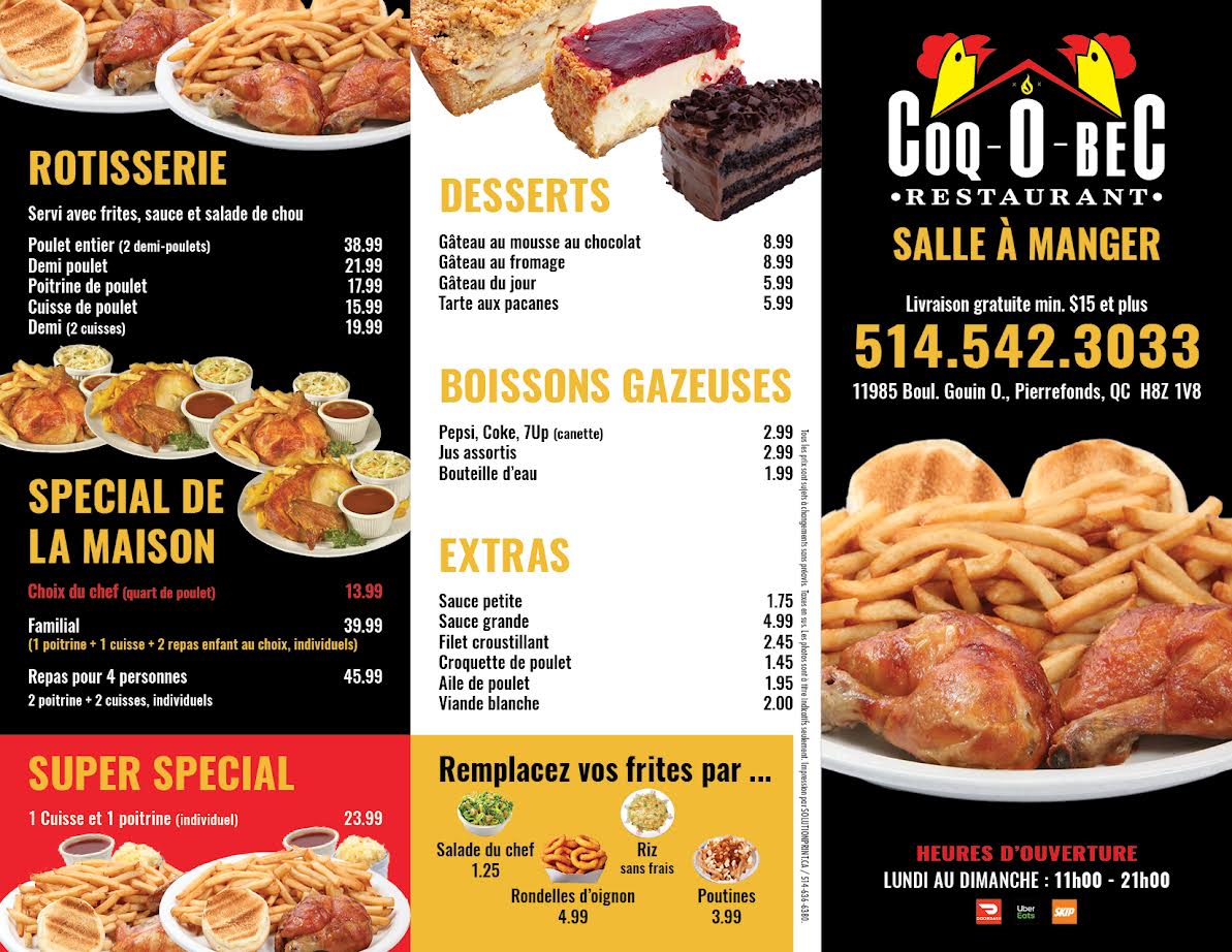 Restaurant Coq-O-Bec Menu