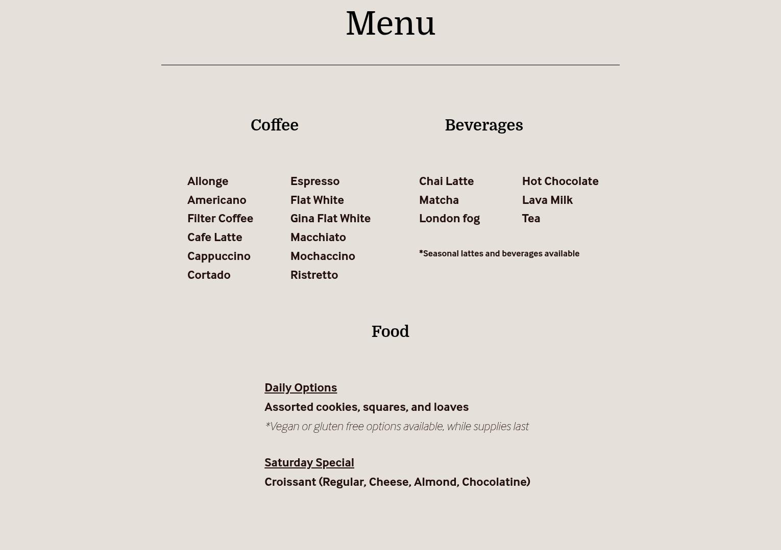 Victor Rose Espresso Bar Menu