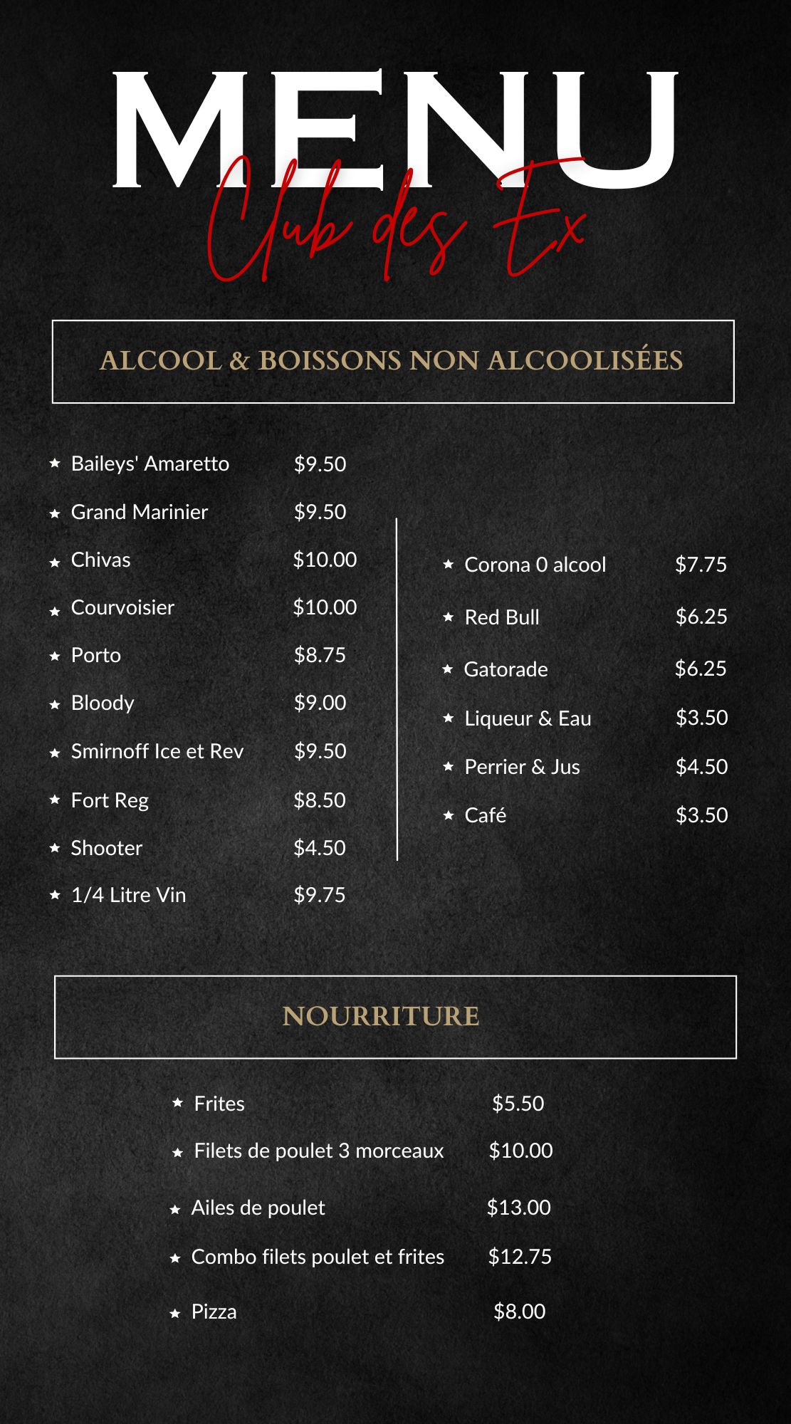 Le Club Des Ex Menu