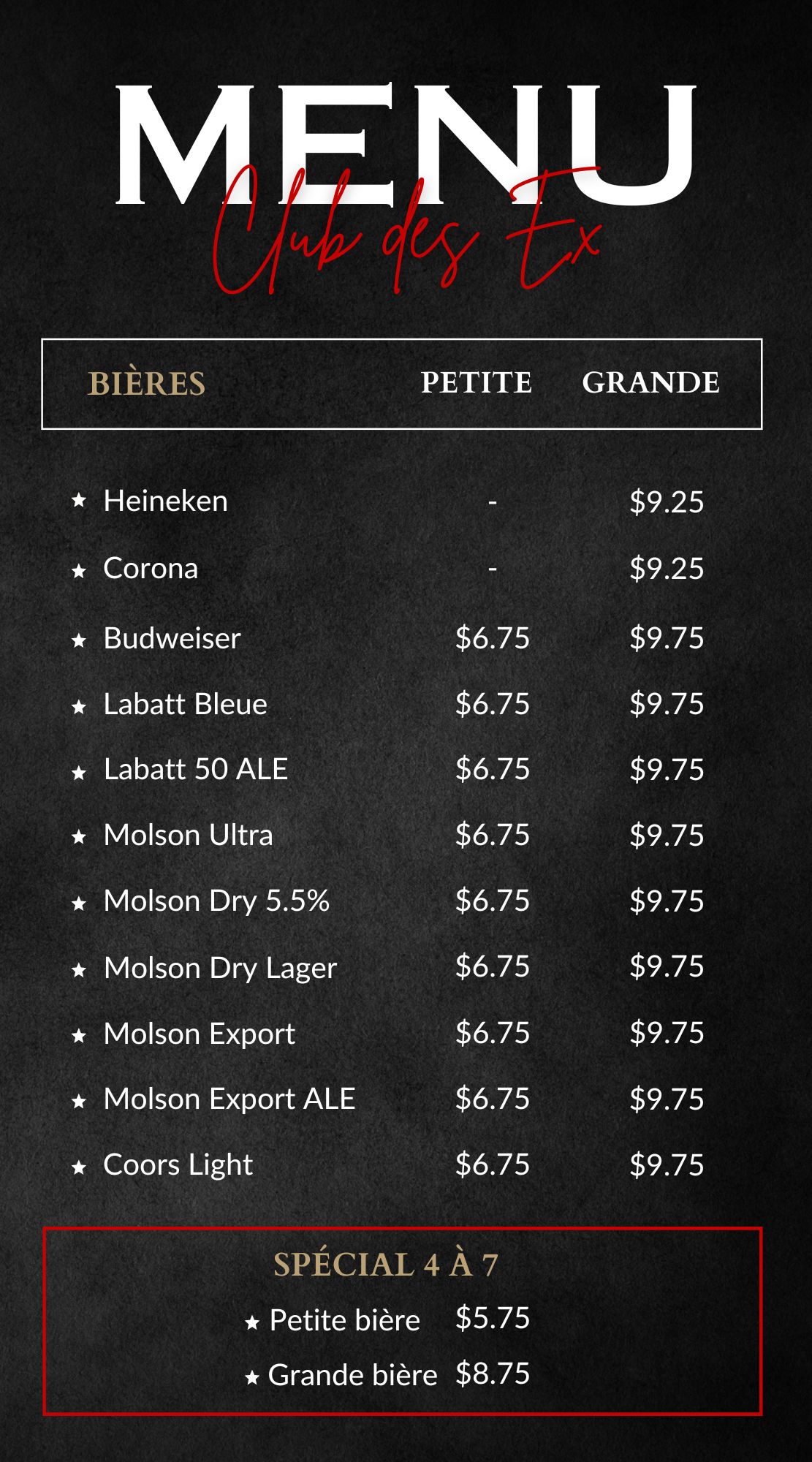 Le Club Des Ex Menu