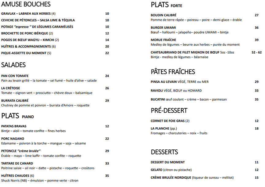 Calibré Cuisine Menu