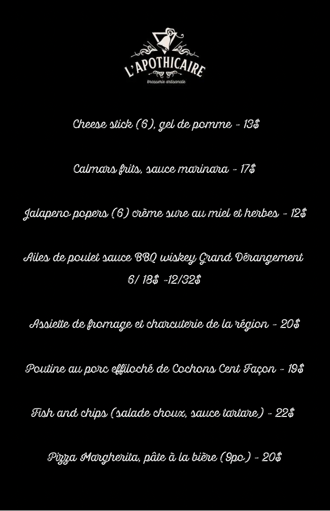 L'Apothicaire - Brasserie Artisanale Menu
