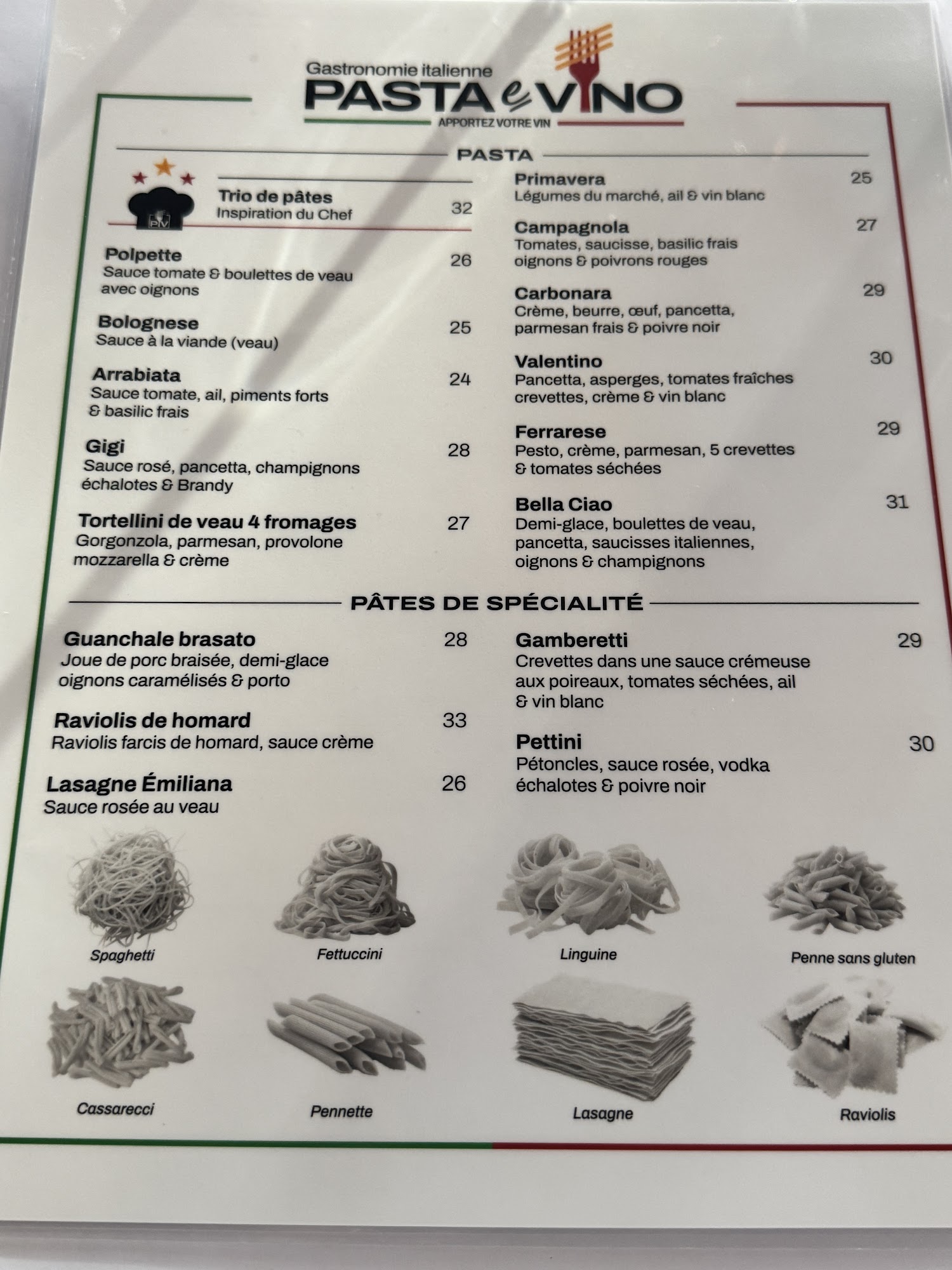 Pasta E Vino Menu