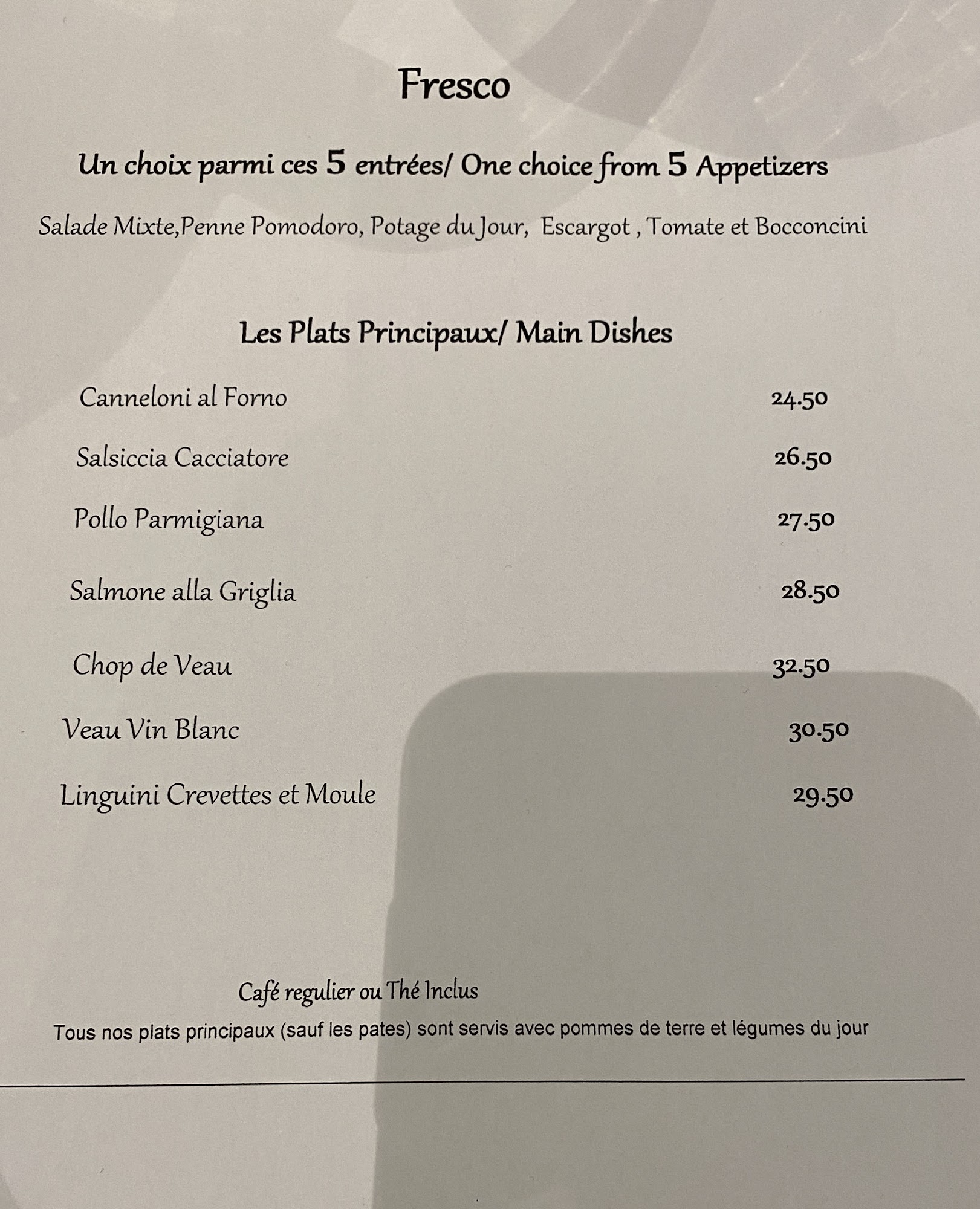 Restaurant Fresco Menu